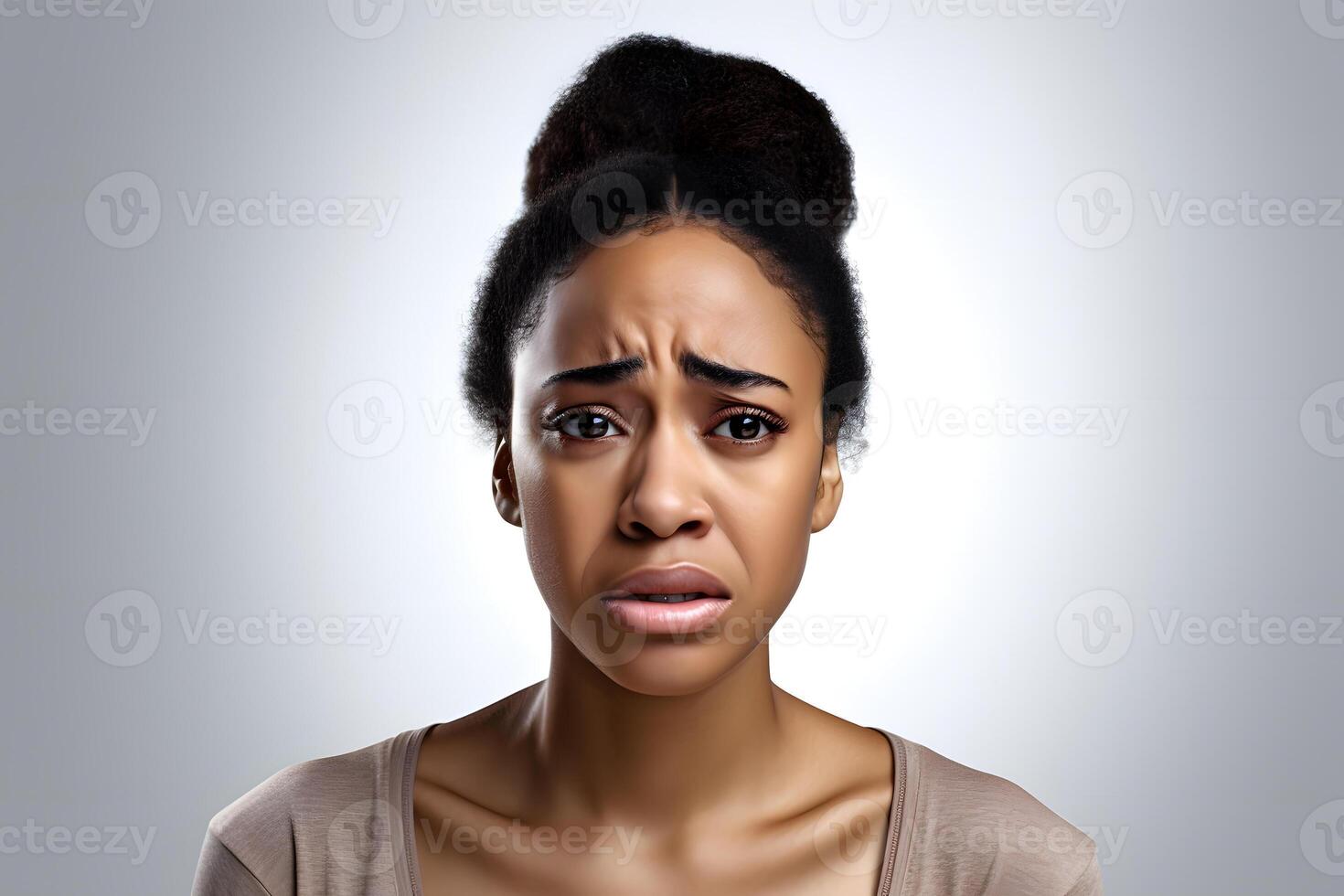AI generated almost crying sad Young adult African American woman, head and shoulders portrait on white background. Neural network generated photorealistic image photo