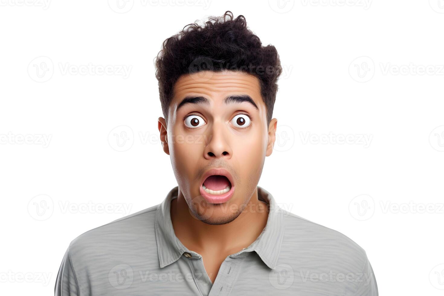 AI generated Surprised young adult Latin American man on white background. Neural network generated photorealistic image. photo