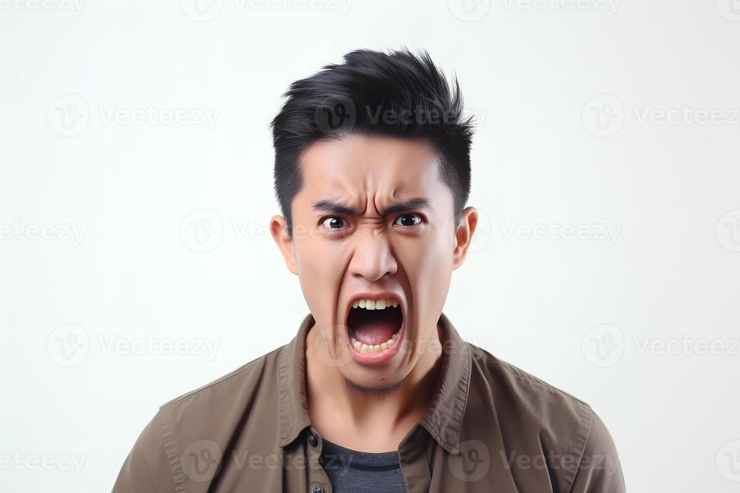 AI generated Angry young adult Asian man yelling, portrait on white background. Neural network generated image photo
