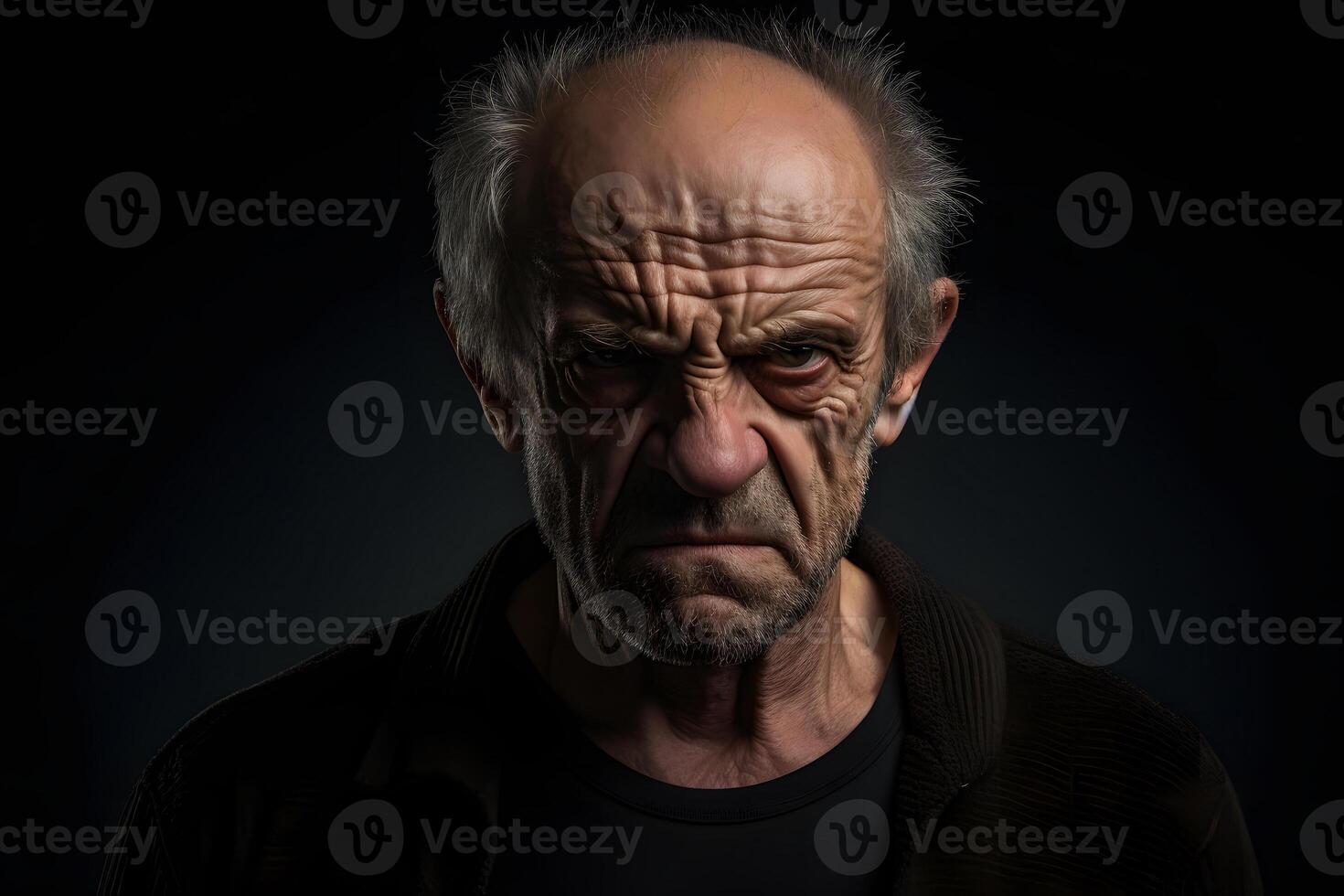 AI generated Angry senior Caucasian man, head and shoulders portrait on black background. Neural network generated photorealistic image photo