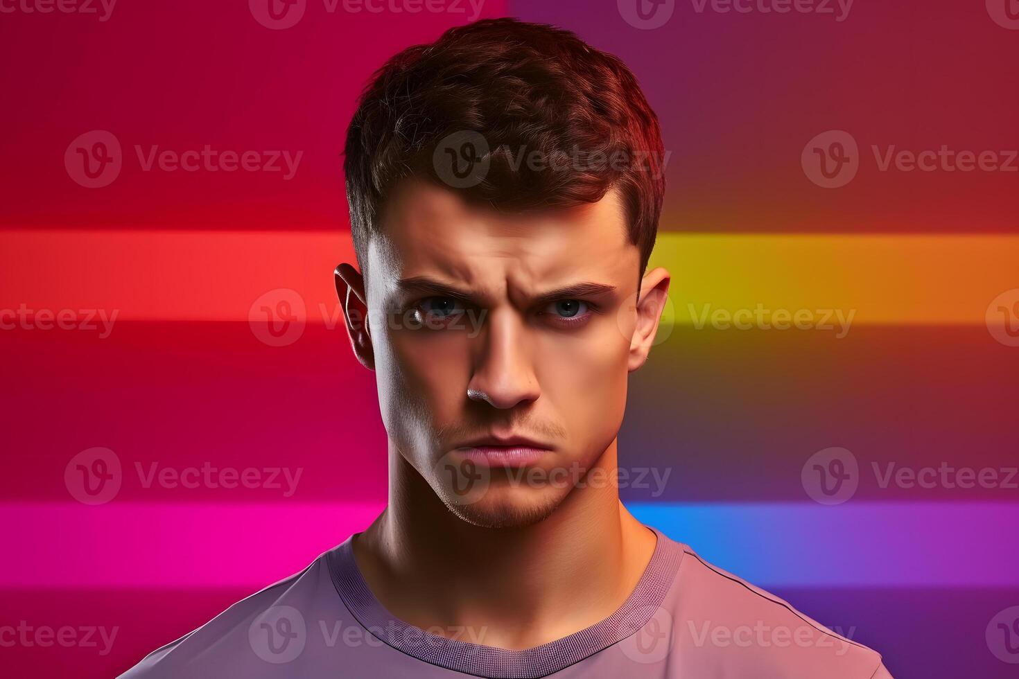 AI generated Sulking young adult Caucasian man, head and shoulders portrait on colorful background. Neural network generated photorealistic image. photo