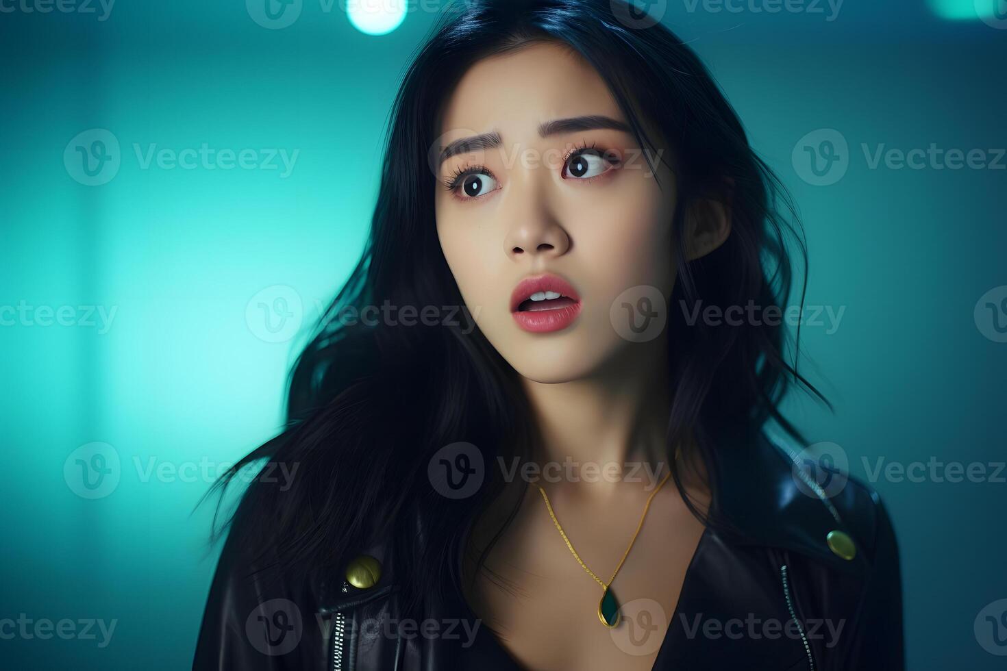 AI generated Attractive young adult Asian woman portrait on turquoise background. Neural network generated photorealistic image photo
