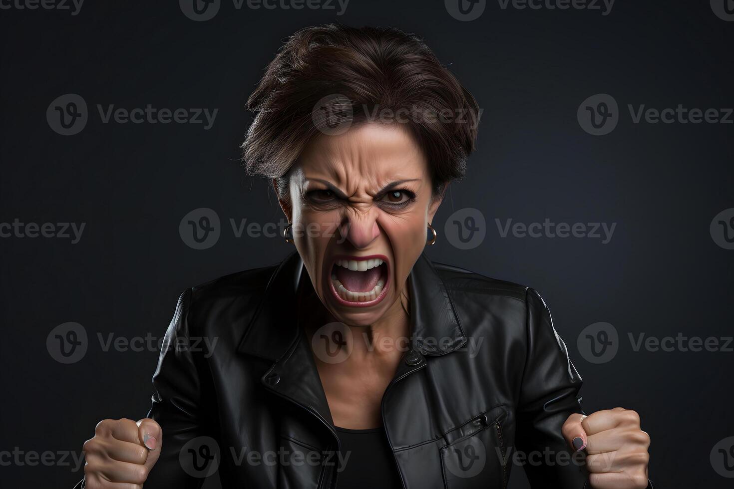 AI generated Angry adult Latin American woman yelling on black background. Neural network generated photorealistic image. photo