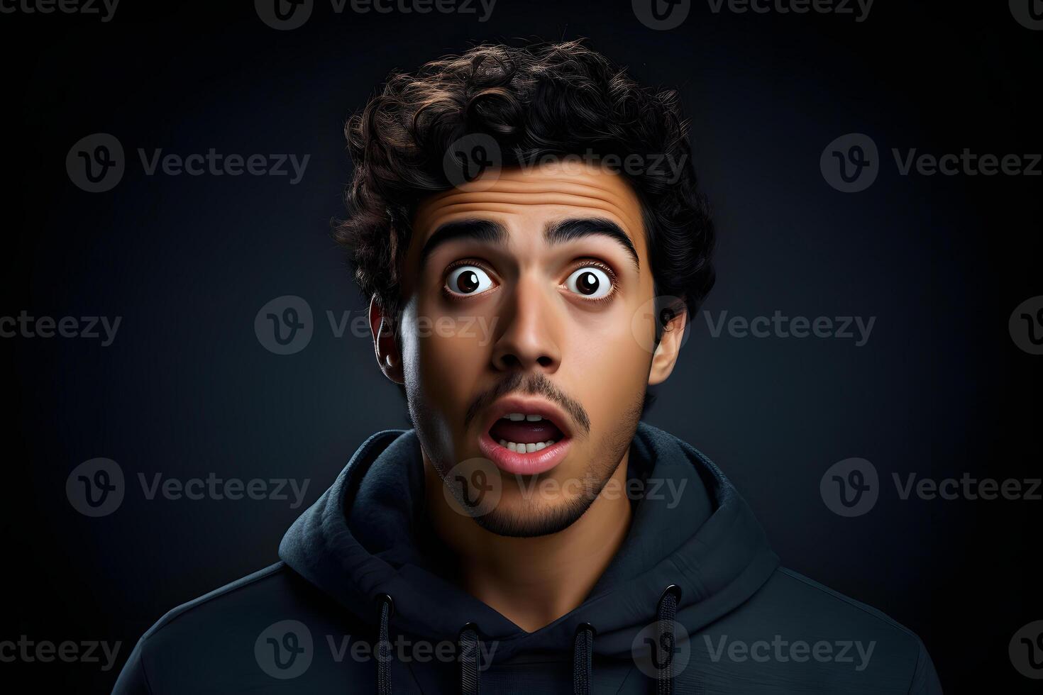 AI generated Surprised young adult Latin American man on black background. Neural network generated photorealistic image. photo