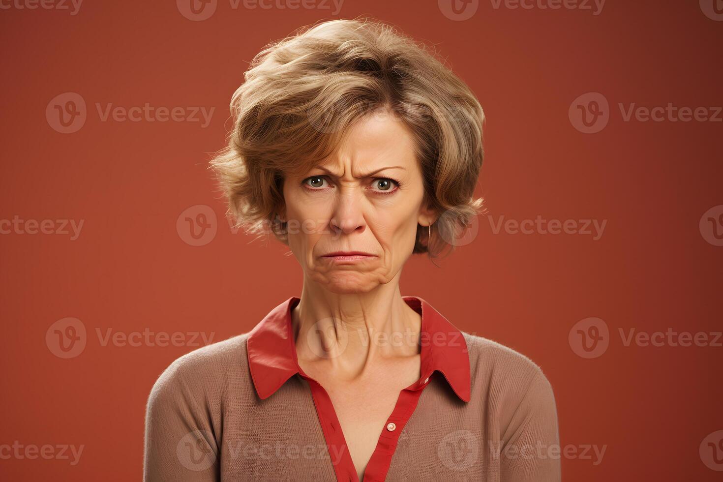 AI generated Angry and disgusted Caucasian woman, head and shoulders portrait on brown background. Neural network generated photorealistic image photo