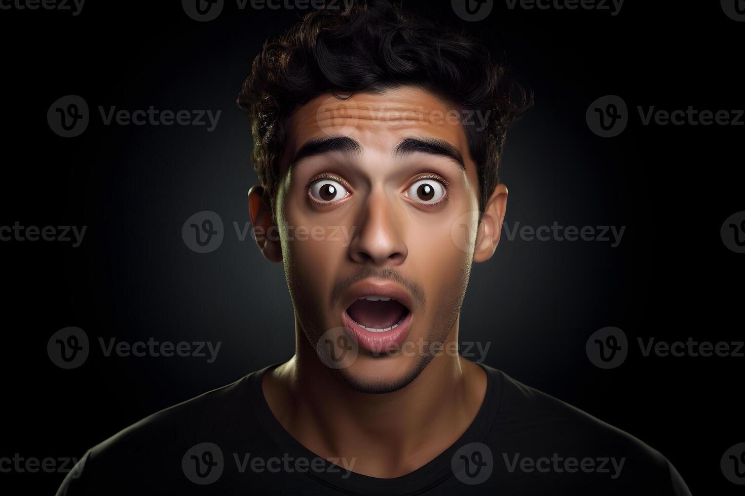 AI generated Surprised young adult Latin American man on black background. Neural network generated photorealistic image. photo