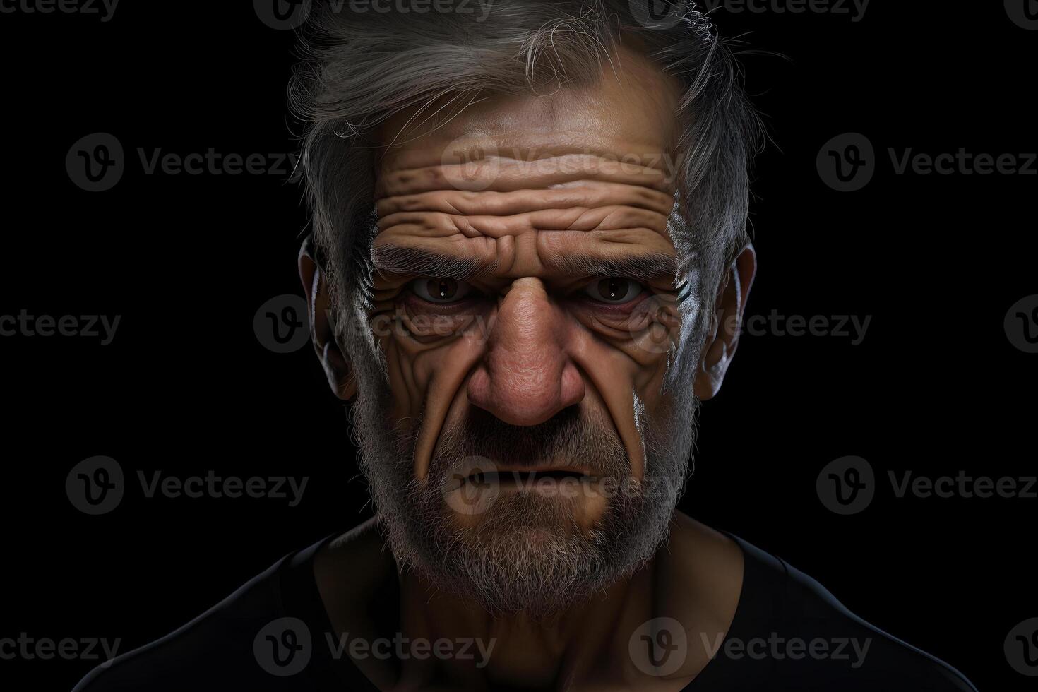 AI generated Angry senior Caucasian man, head and shoulders portrait on black background. Neural network generated photorealistic image photo