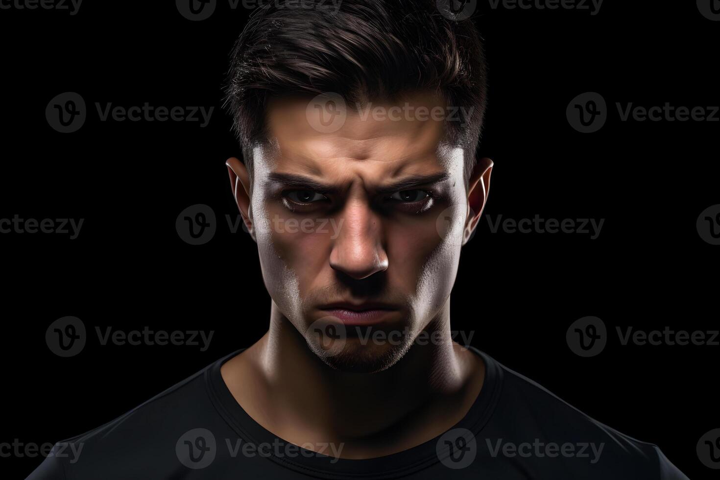 AI generated Sulking young adult Latin American man, head and shoulders portrait on black background. Neural network generated photorealistic image. photo