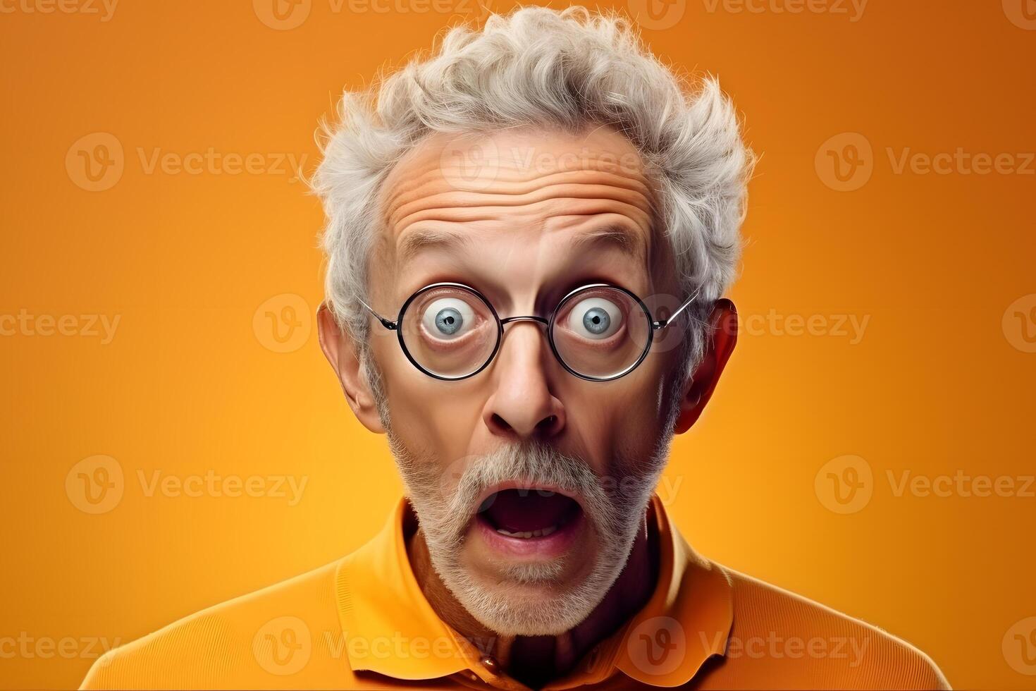 AI generated Surprised senior Caucasian man on orange background. Neural network generated photorealistic image. photo