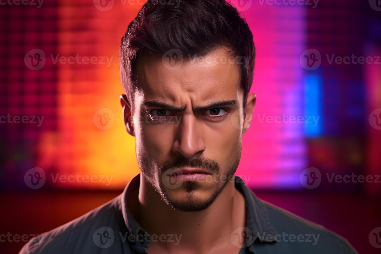 ai generado malhumorado joven adulto latín americano hombre, cabeza y espalda retrato en vistoso antecedentes. neural red generado fotorrealista imagen. foto