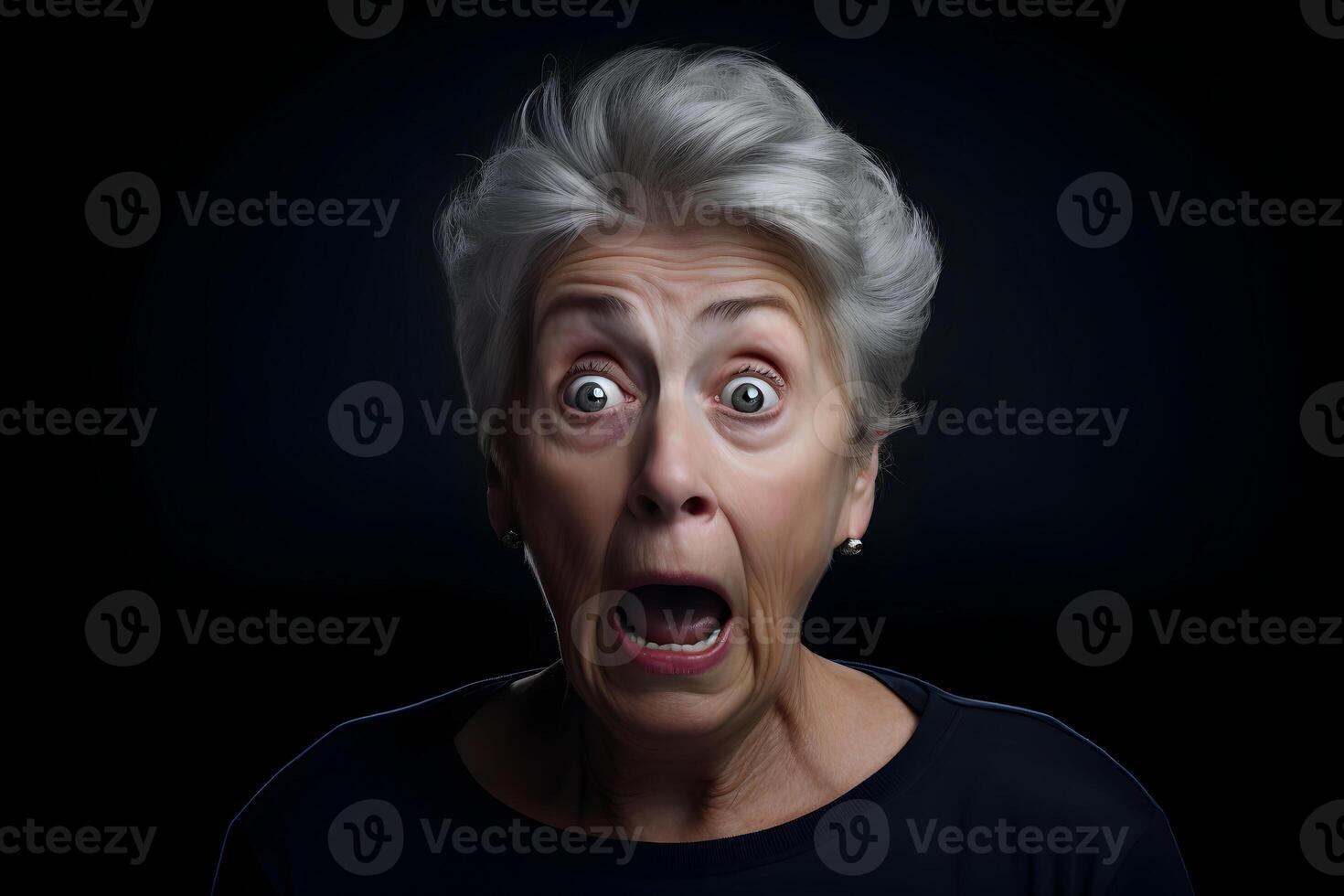 AI generated Surprised gray-haired Caucasian woman on black background. Neural network generated photorealistic image. photo
