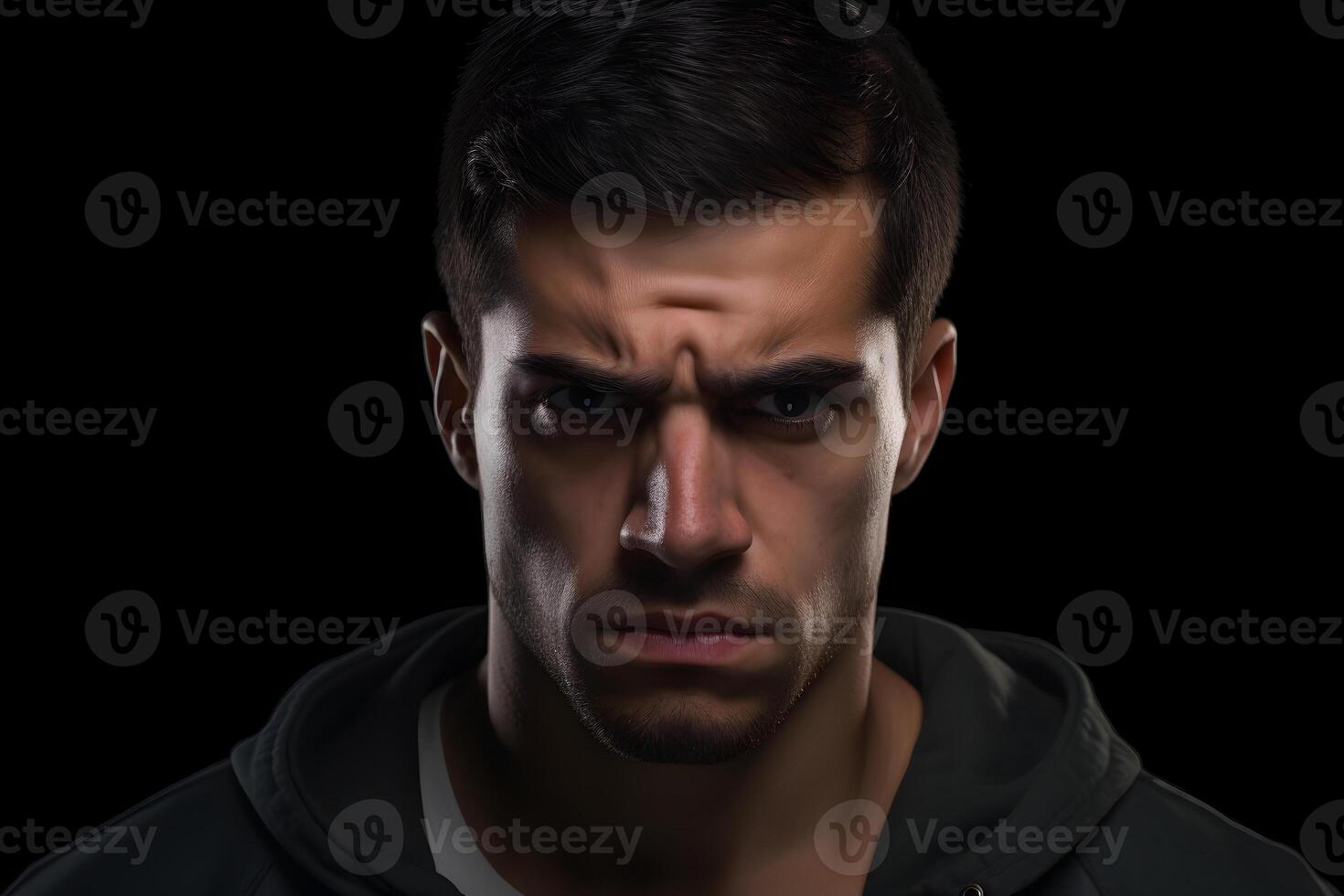 AI generated Sulking young adult Latin American man, head and shoulders portrait on black background. Neural network generated photorealistic image. photo