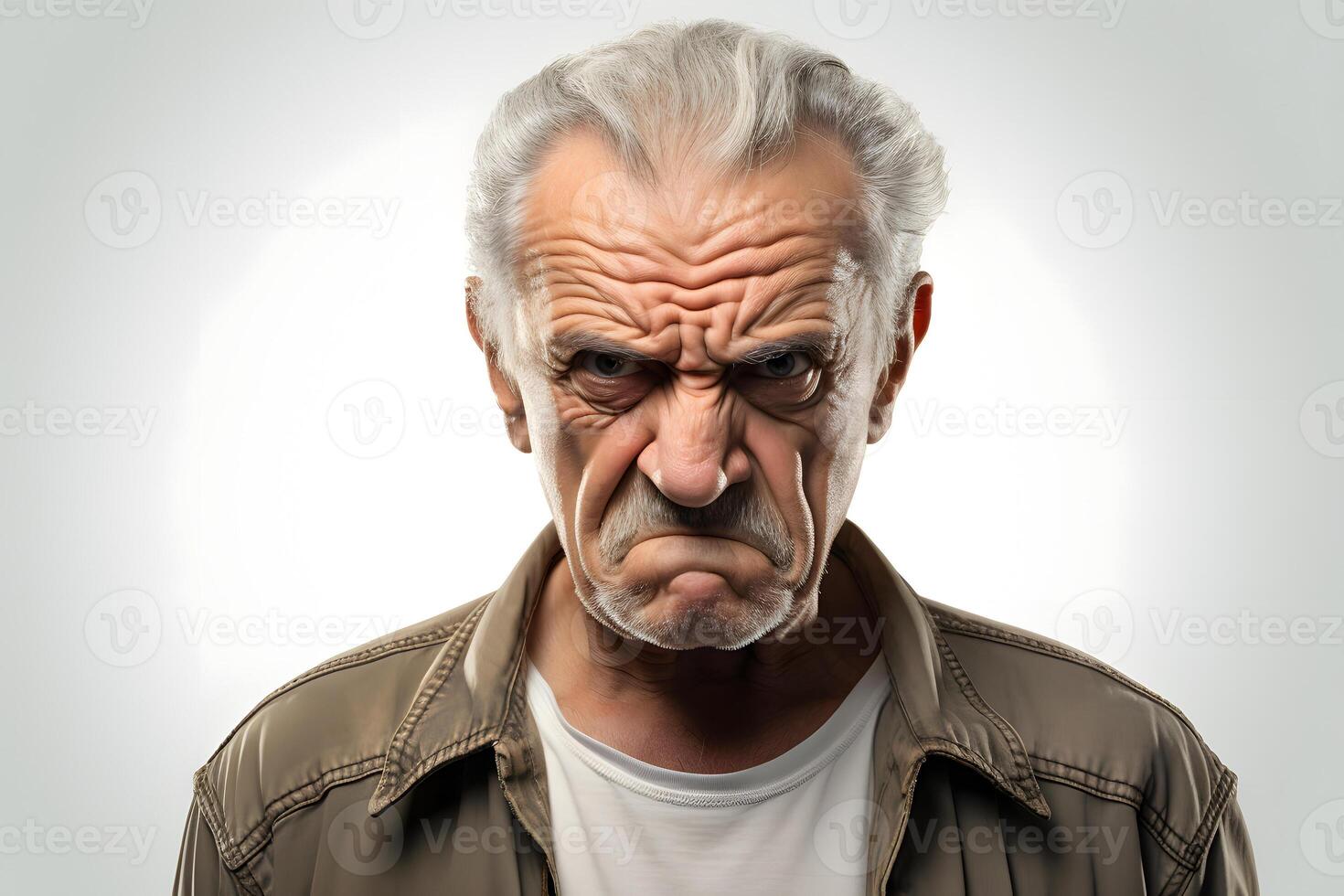 AI generated Angry senior Caucasian man, head and shoulders portrait on white background. Neural network generated photorealistic image photo