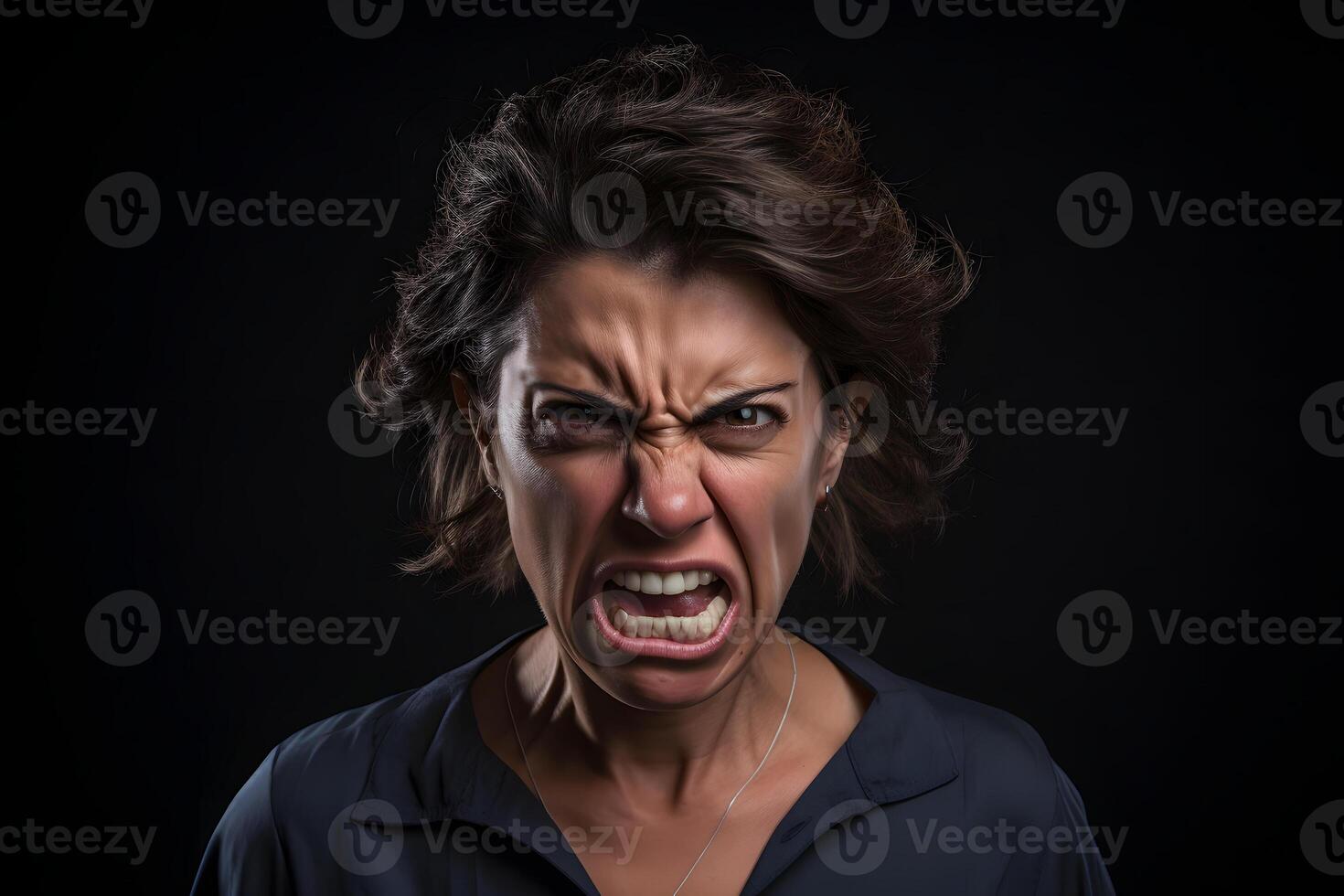 AI generated Angry adult Latin American woman yelling on black background. Neural network generated photorealistic image. photo