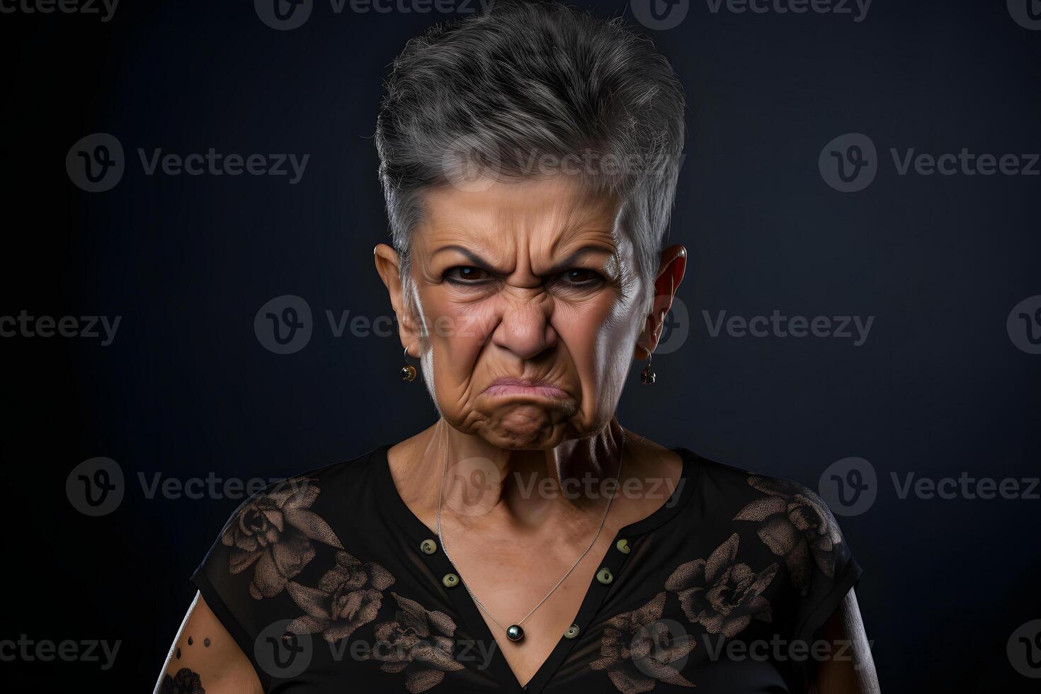 AI generated scowl senior Latin American woman, head and shoulders portrait on black background. Neural network generated photorealistic image photo