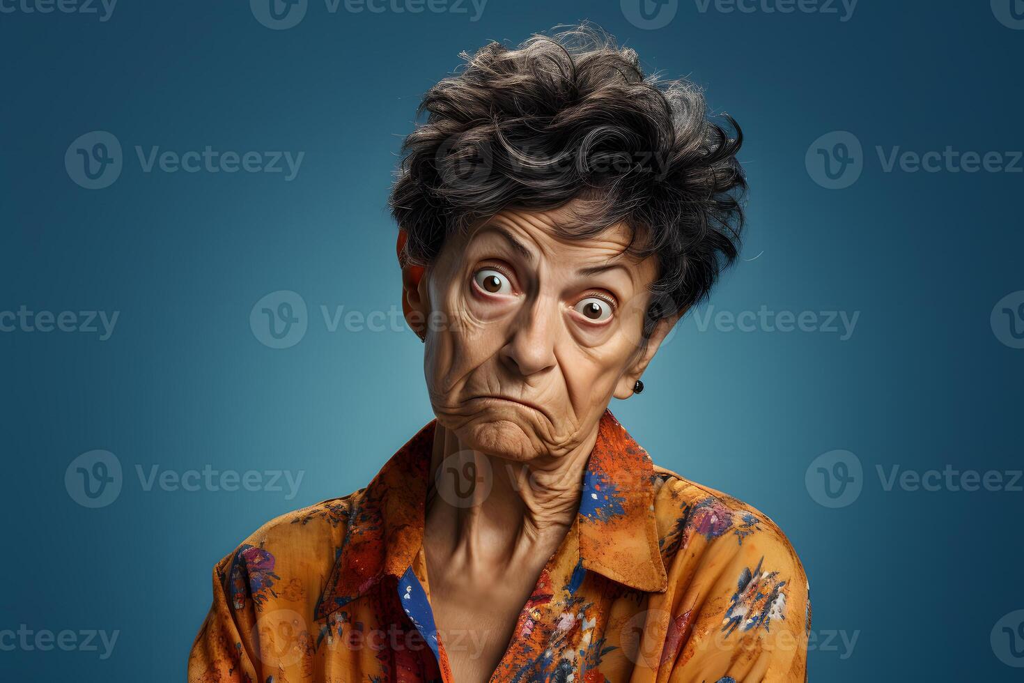 AI generated crazy scowl senior Latin American woman, head and shoulders portrait on blue background. Neural network generated photorealistic image photo
