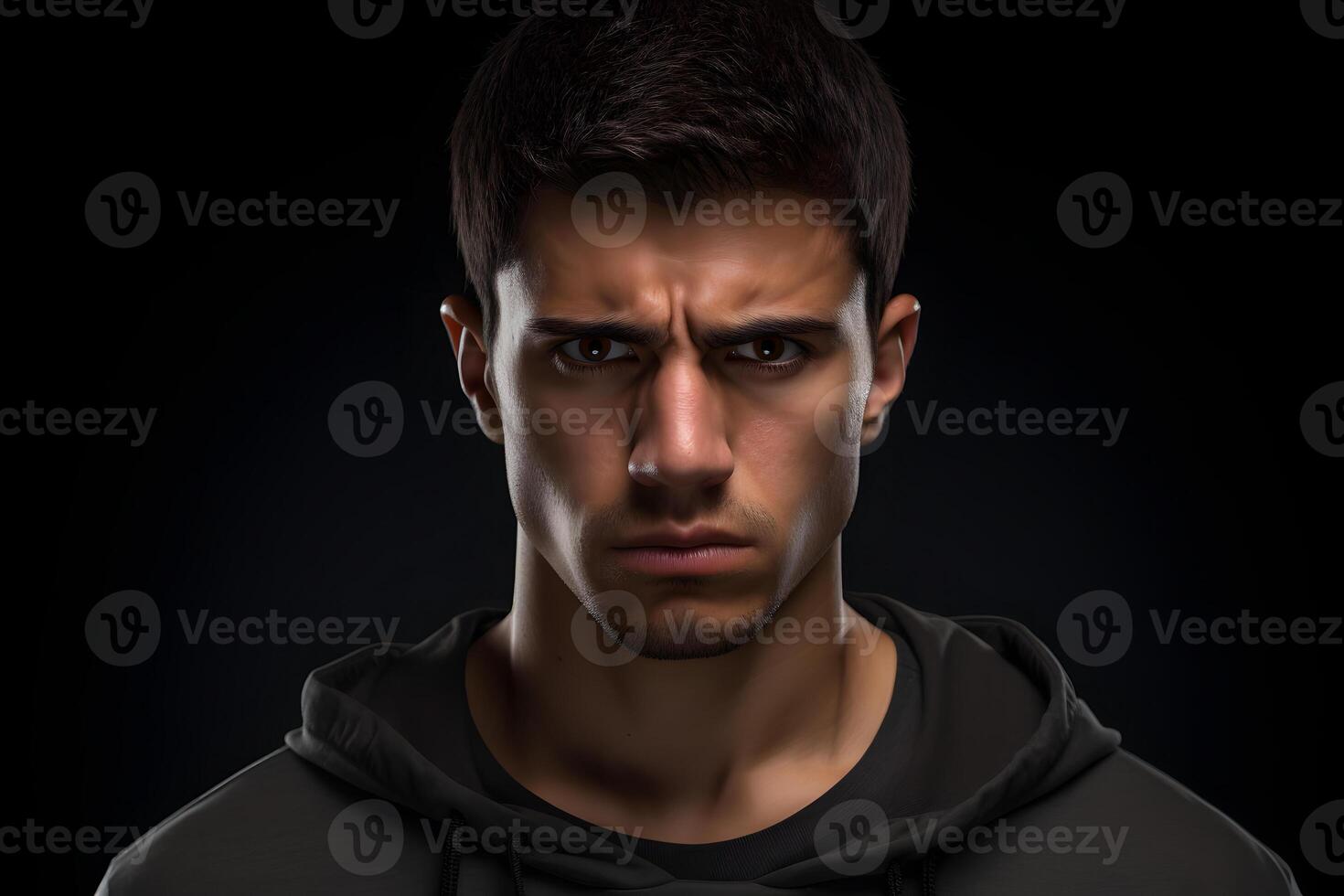 AI generated Sulking young adult Latin American man, head and shoulders portrait on black background. Neural network generated photorealistic image. photo