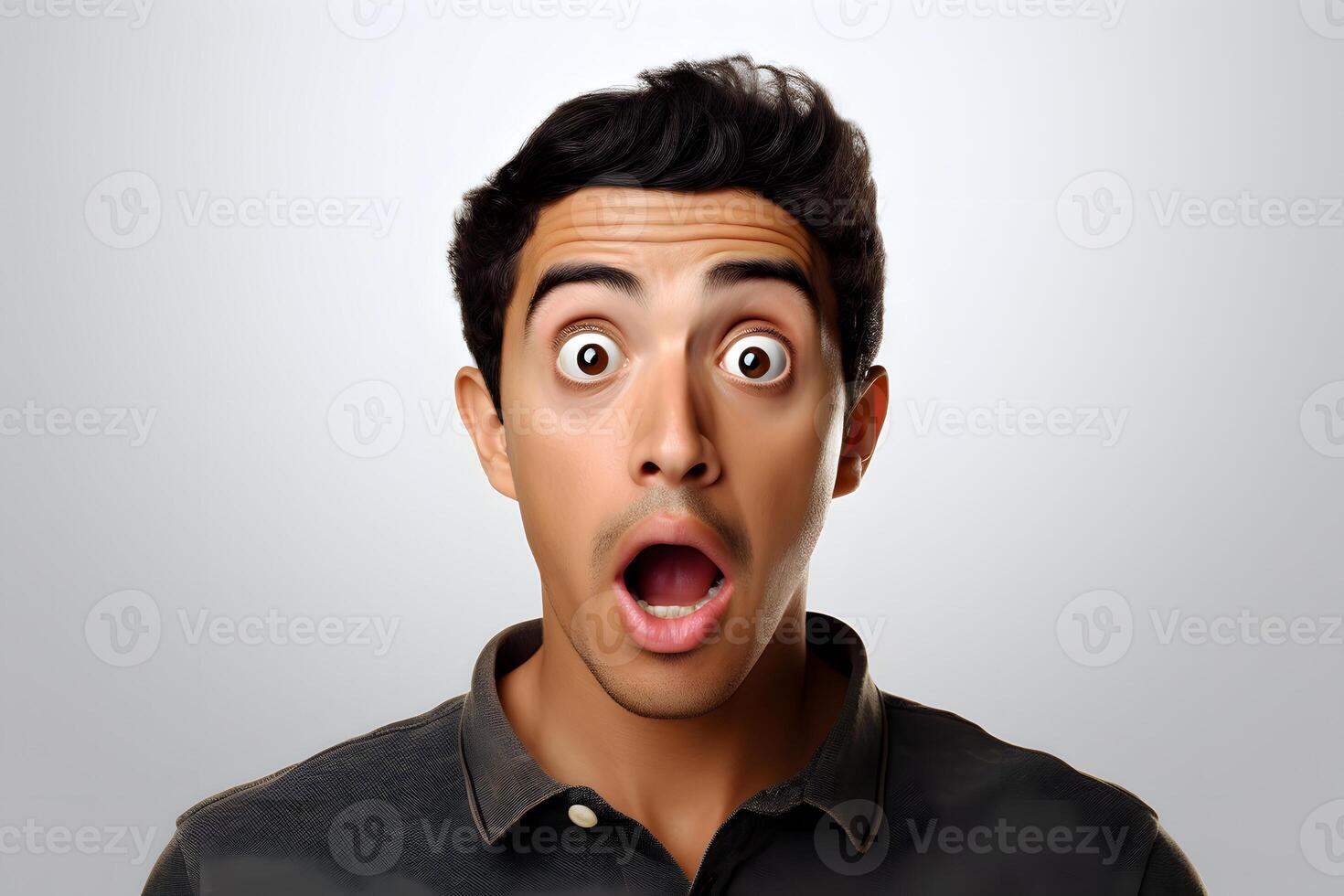 AI generated Surprised young adult Latin American man on grey background. Neural network generated photorealistic image. photo