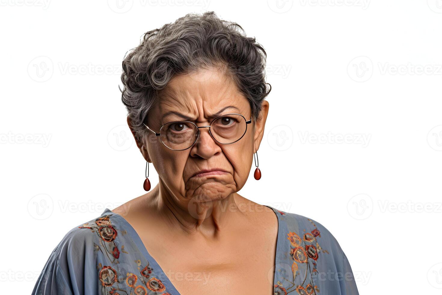 AI generated skeptic scowl senior Latin American woman, head and shoulders portrait on white background. Neural network generated photorealistic image photo