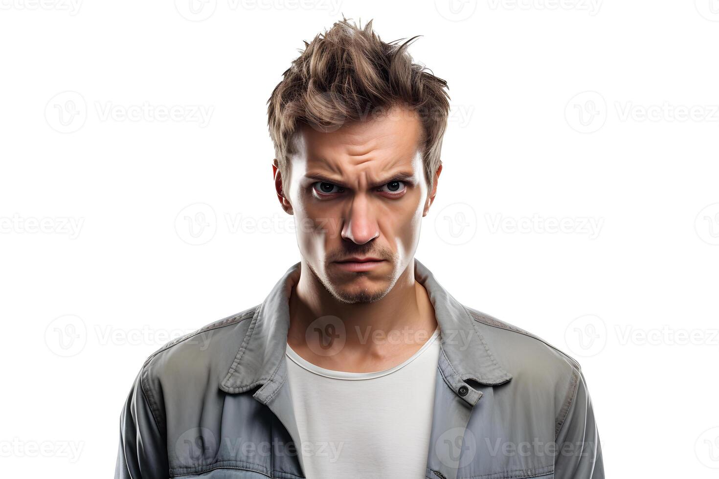 AI generated Sulking young adult Caucasian man, head and shoulders portrait on white background. Neural network generated photorealistic image. photo