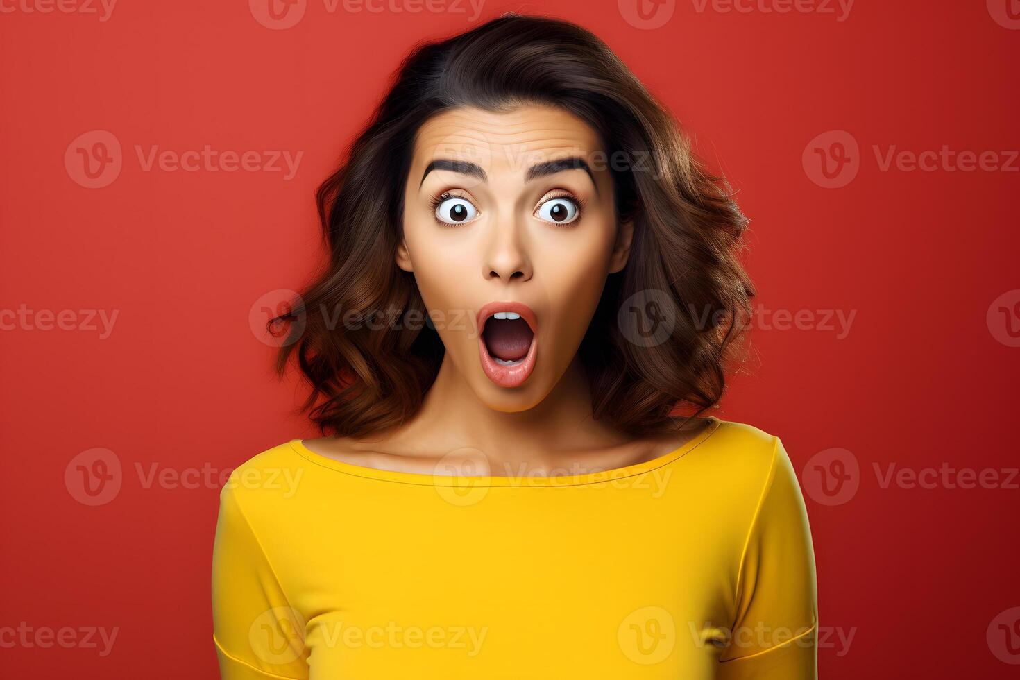 AI generated Surprised Hispanic young adult woman on red background. Neural network generated photorealistic image. photo