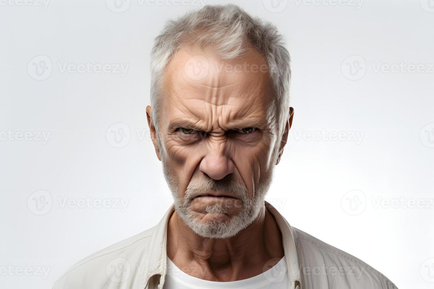 AI generated Angry mature Caucasian man, head and shoulders portrait on white background. Neural network generated photorealistic image photo