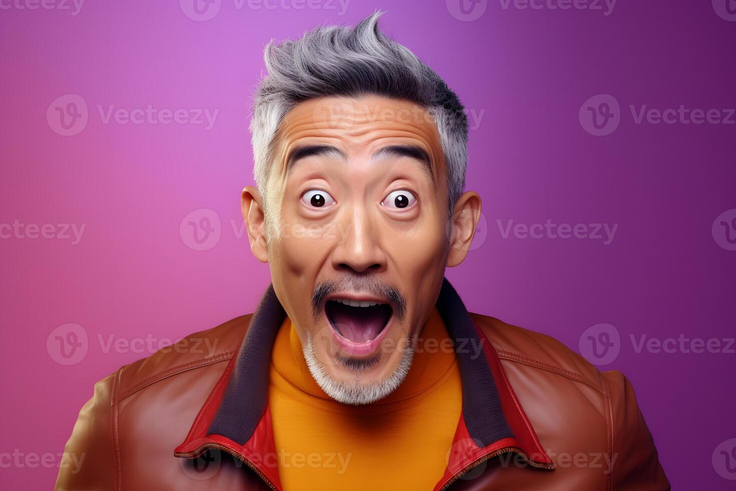 AI generated Surprised Asian man with glasses on purple background. Neural network generated photorealistic image. photo