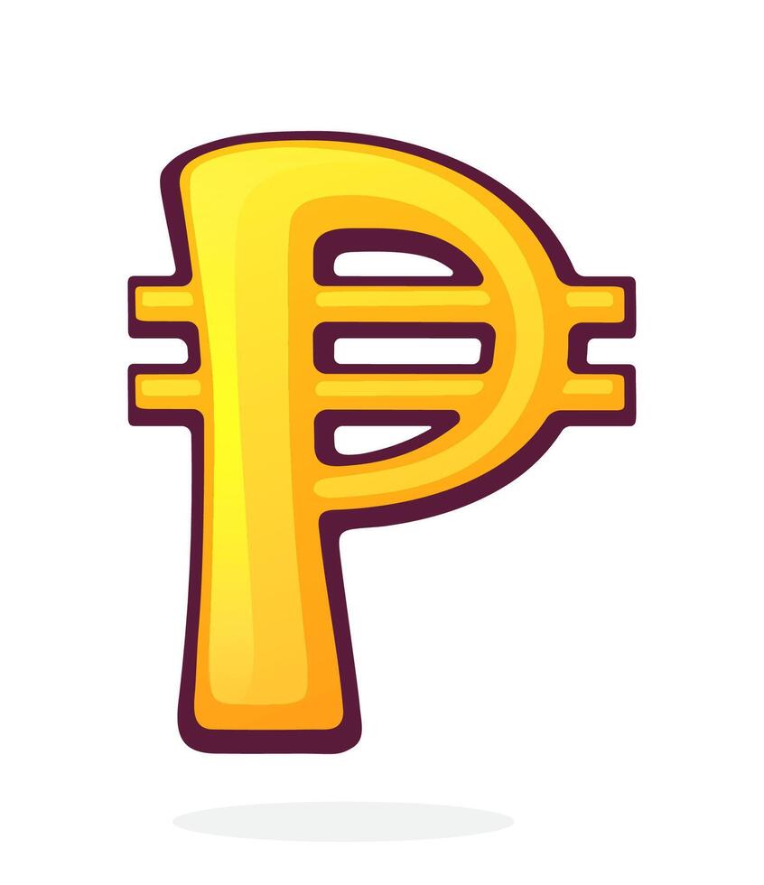 Golden Peso Sign. Philippine Currency Symbol. Vector illustration. Hand drawn cartoon clip art with outline. Graphic element for design. Isolated on white background