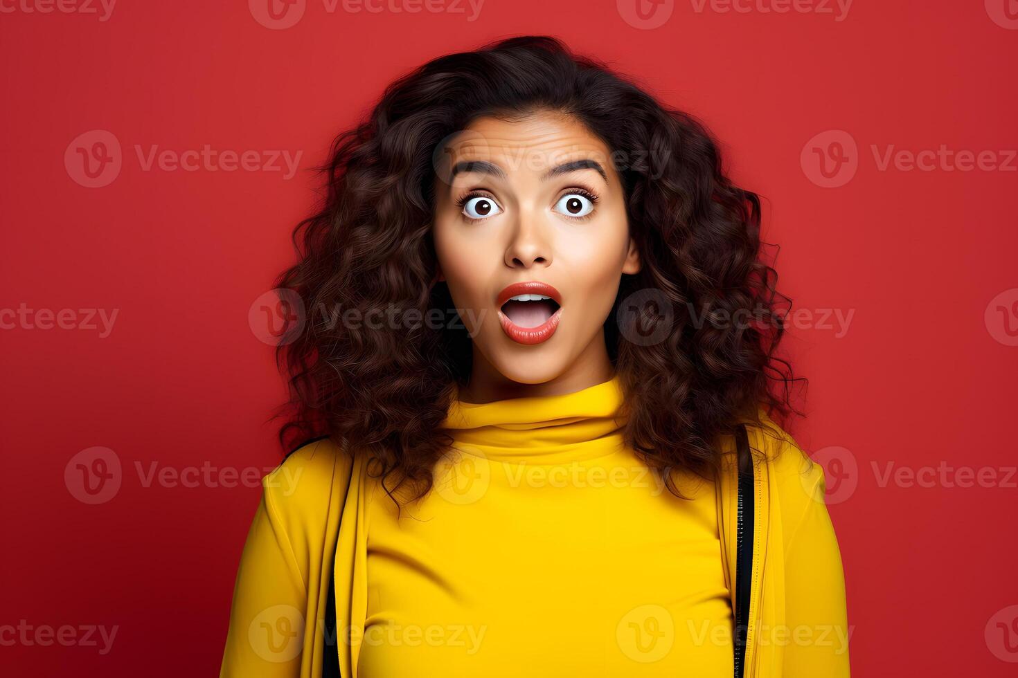 AI generated Surprised Hispanic young adult woman on red background. Neural network generated photorealistic image. photo
