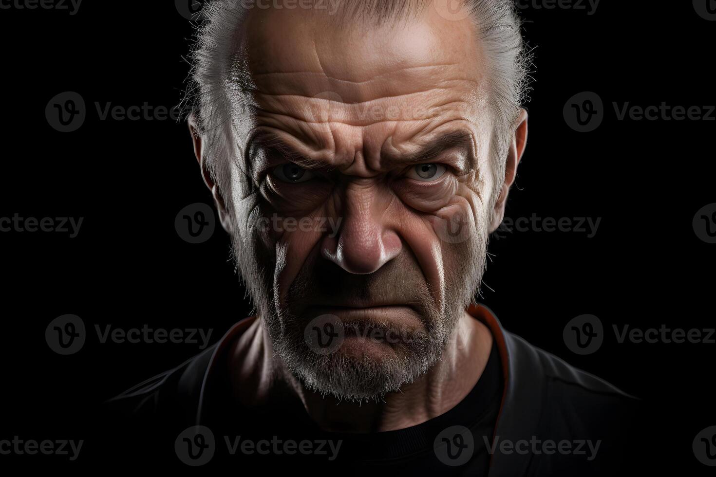 AI generated Angry mature Caucasian man, head and shoulders portrait on black background. Neural network generated photorealistic image photo