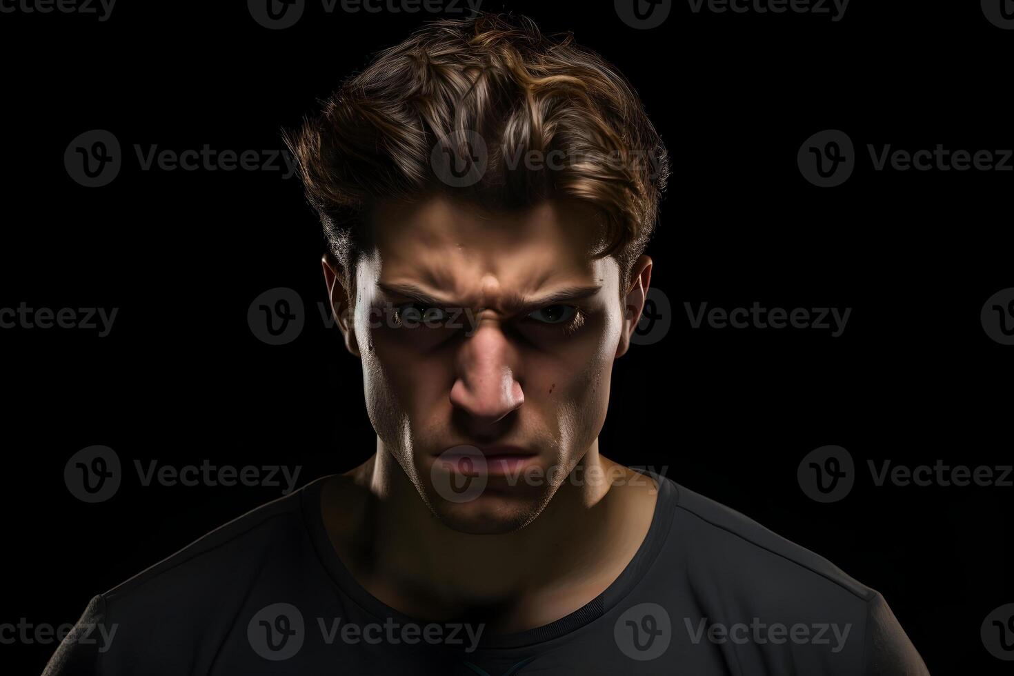 AI generated Sulking young adult Caucasian man, head and shoulders portrait on black background. Neural network generated photorealistic image. photo