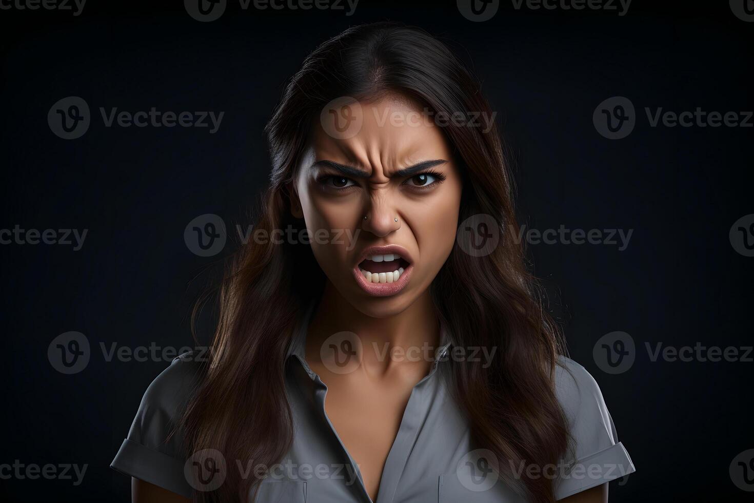 AI generated Angry young adult Latin American woman yelling on black background. Neural network generated photorealistic image. photo