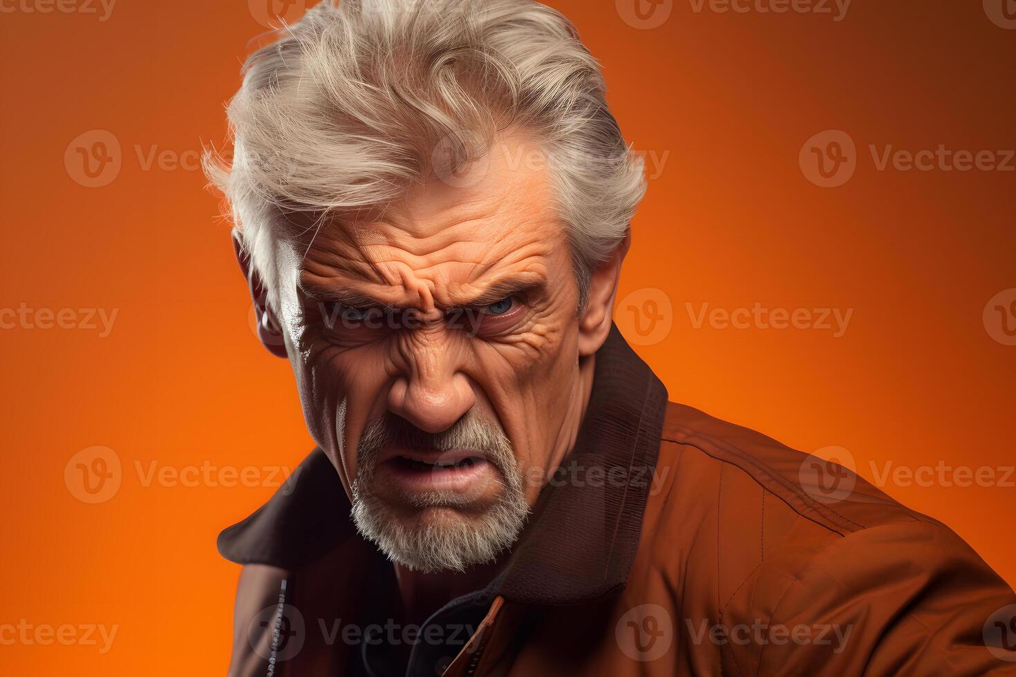 AI generated Angry mature Caucasian man, head and shoulders portrait on orange background. Neural network generated photorealistic image photo