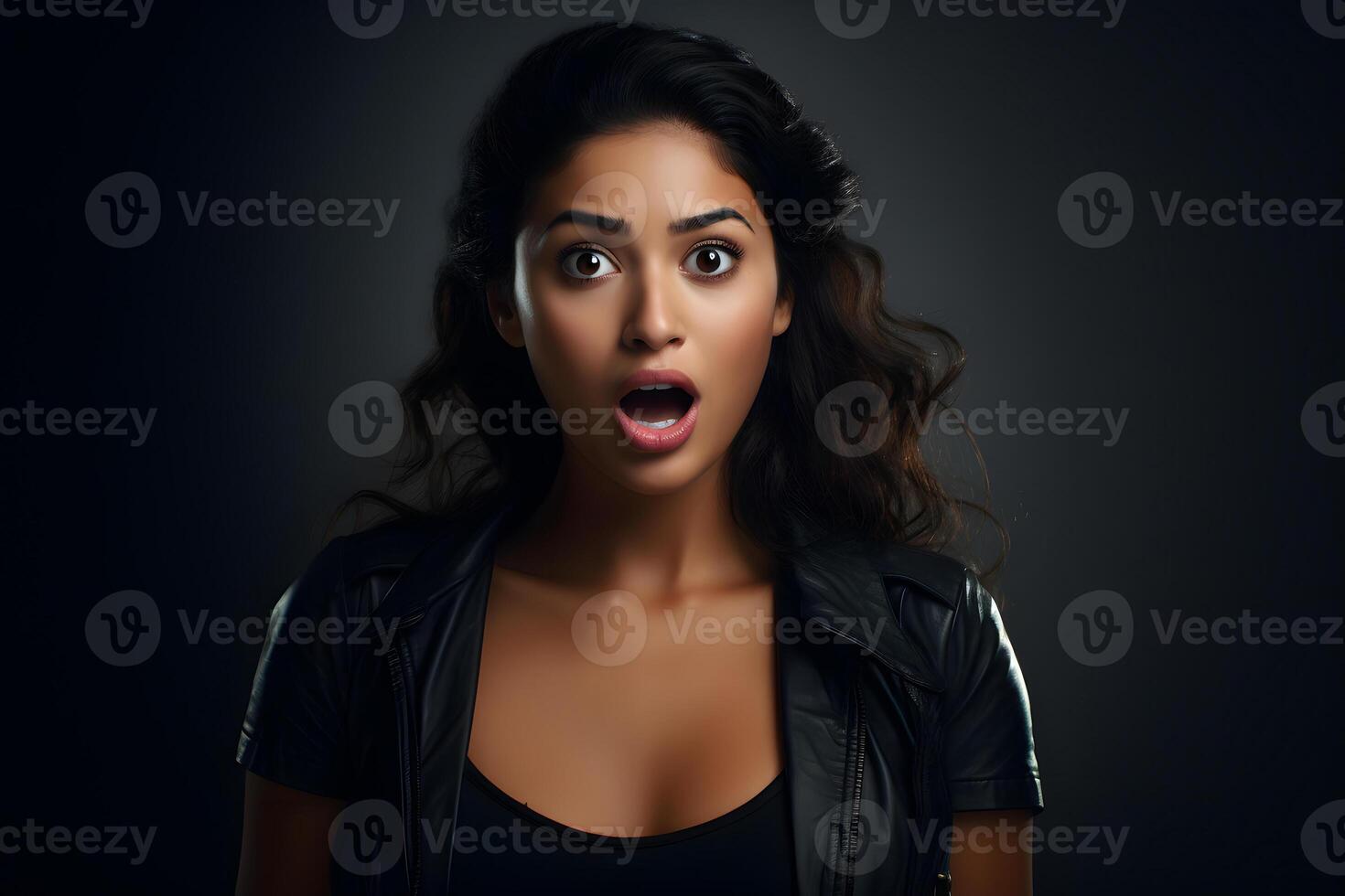 AI generated Surprised Hispanic young adult woman on black background. Neural network generated photorealistic image. photo