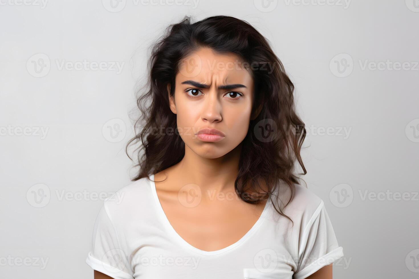 AI generated Sad young adult Latin American woman on off-white background. Neural network generated photorealistic image. photo