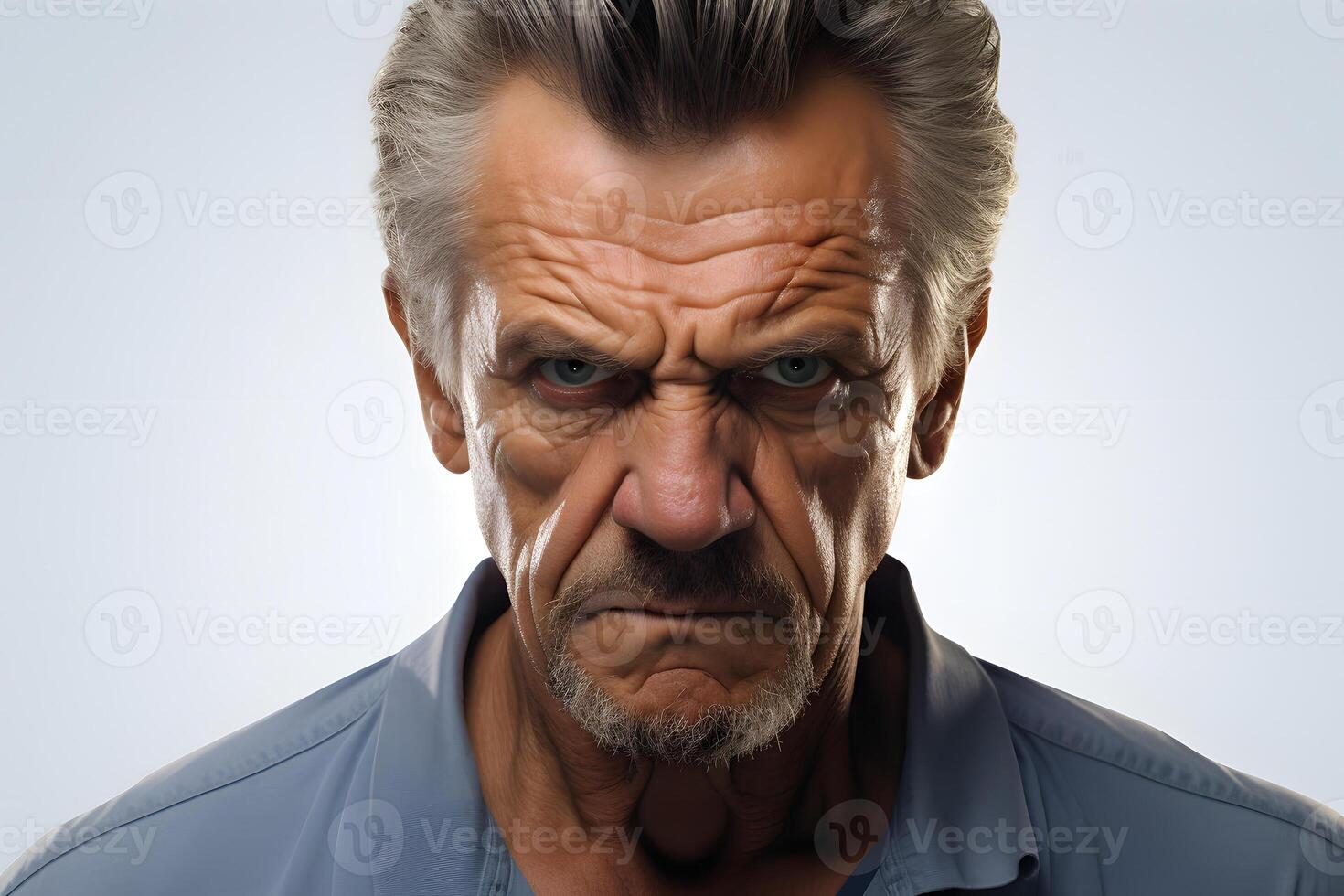 AI generated Angry mature Caucasian man, head and shoulders portrait on white background. Neural network generated photorealistic image photo