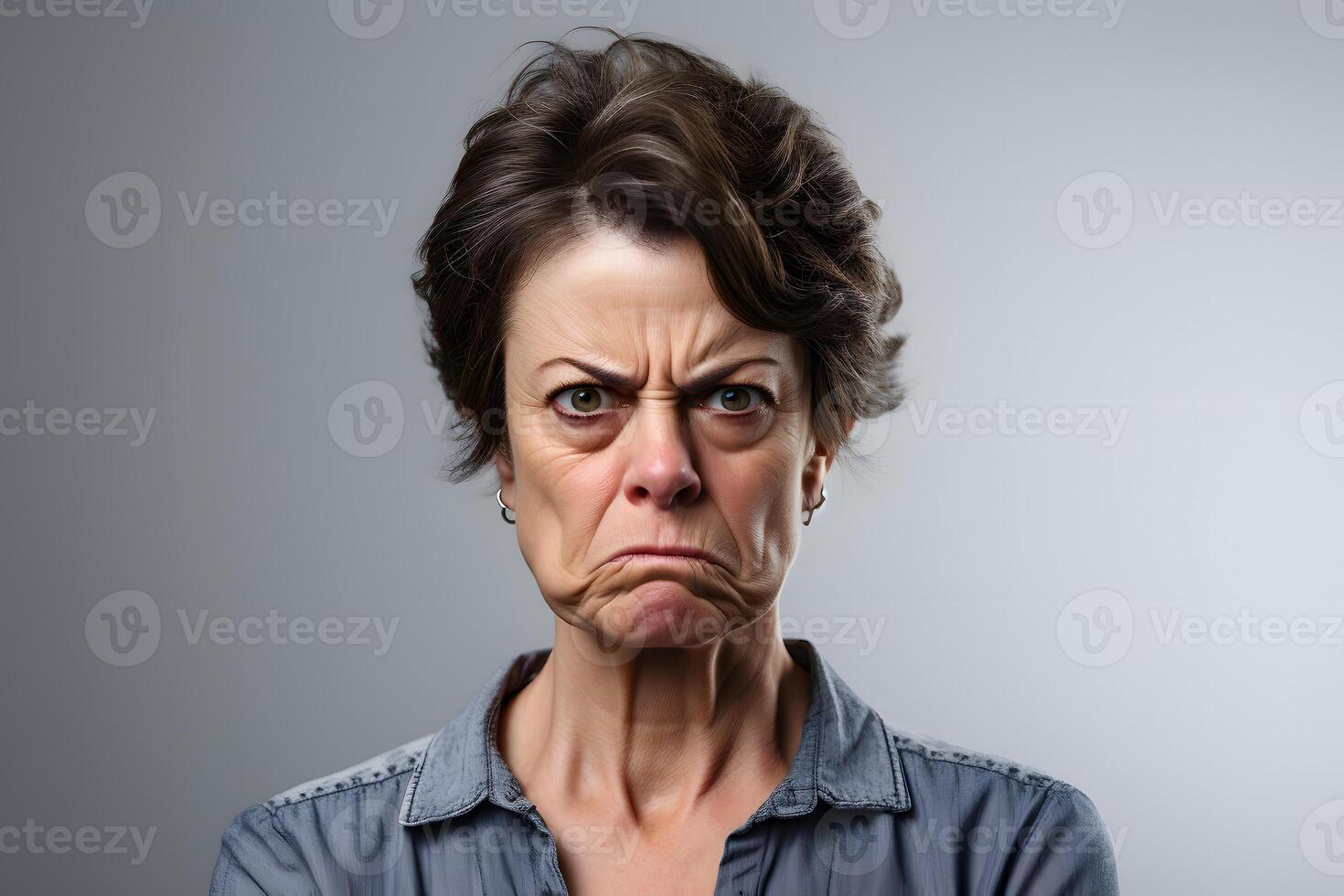 AI generated Angry and disgusted Caucasian woman, head and shoulders portrait on grey background. Neural network generated photorealistic image photo