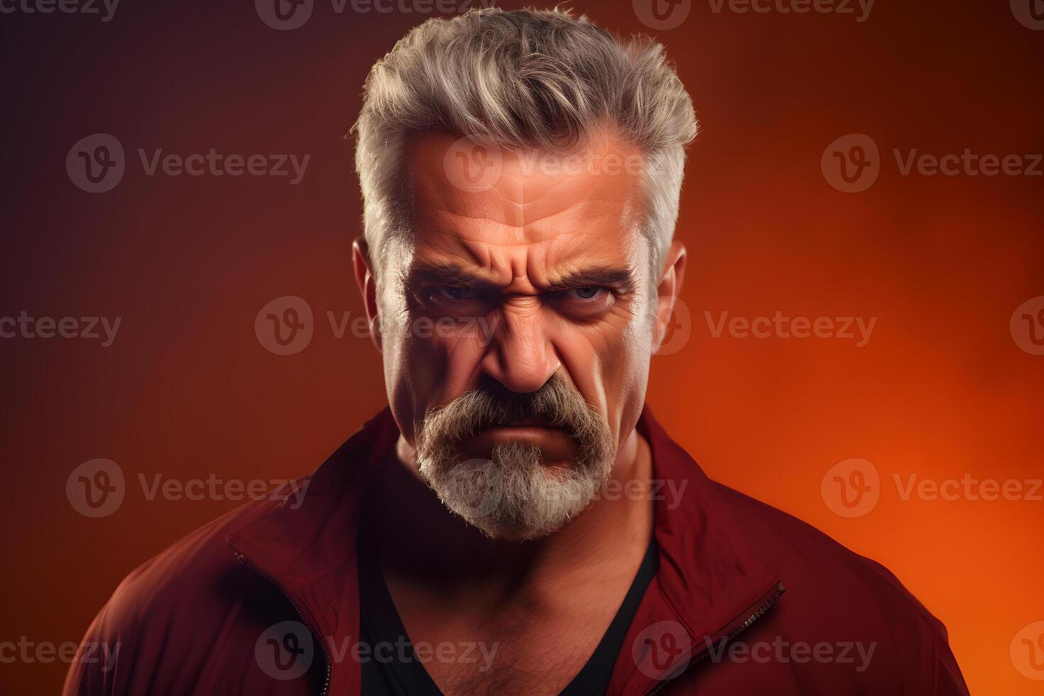 AI generated Angry mature Caucasian man, head and shoulders portrait on orange background. Neural network generated photorealistic image photo