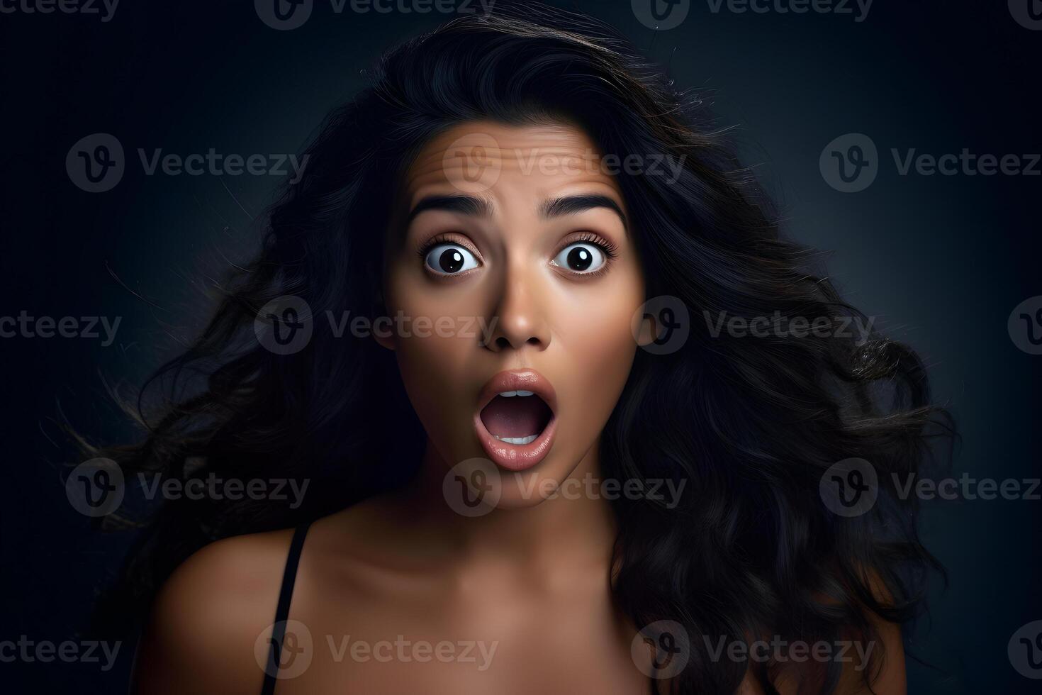 AI generated Surprised Hispanic young adult woman on black background. Neural network generated photorealistic image. photo