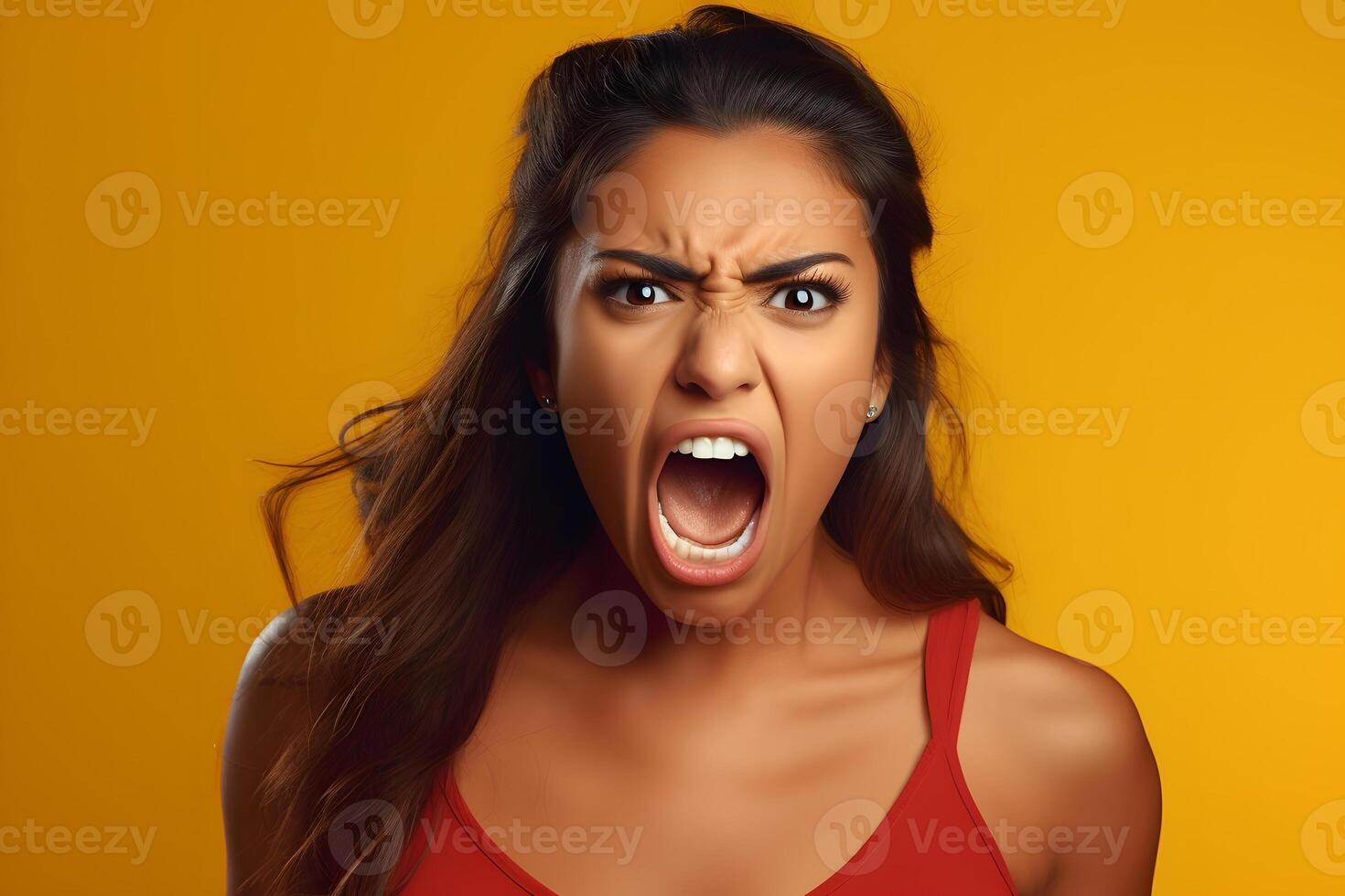 AI generated Angry young adult Latin American woman yelling on orange background. Neural network generated photorealistic image. photo