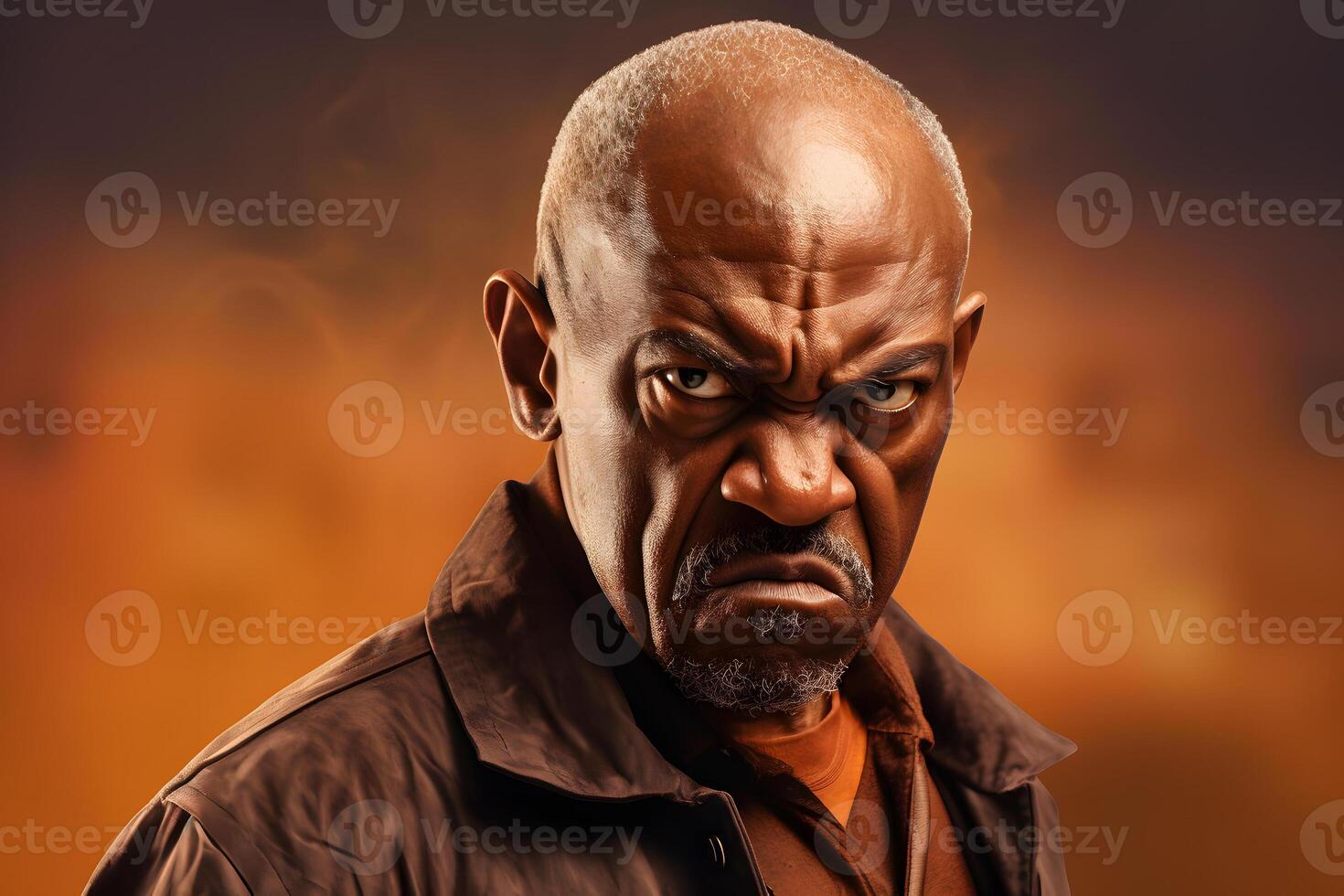 AI generated Angry mature African American man, head and shoulders portrait on yellow background. Neural network generated image photo