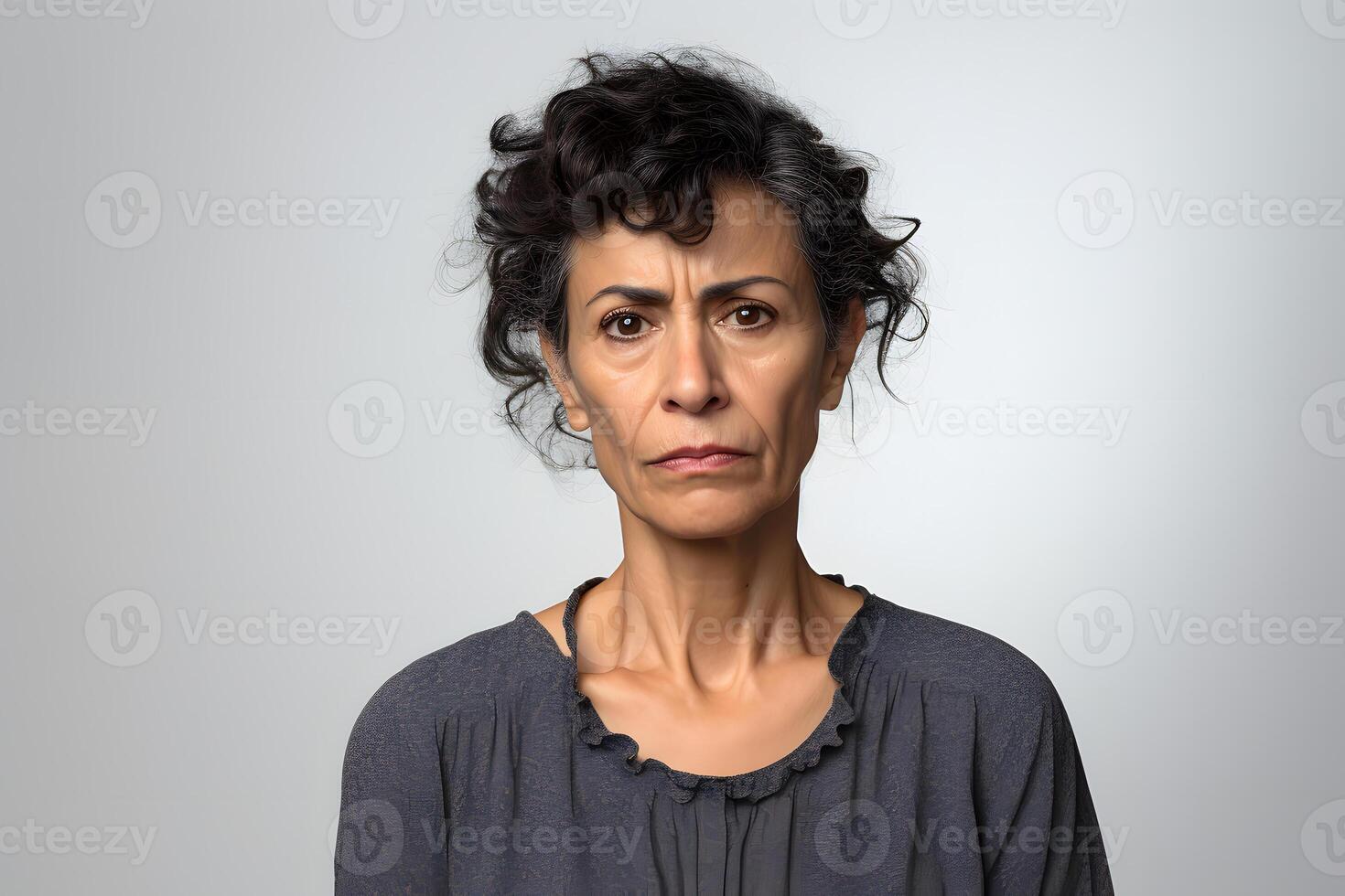 AI generated scowl mature Latin American woman, head and shoulders portrait on grey background. Neural network generated photorealistic image photo