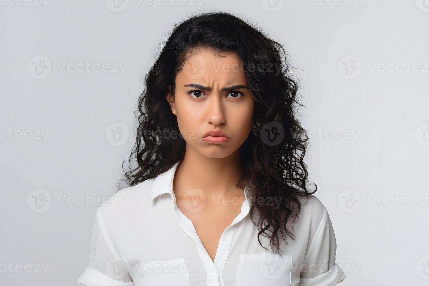 AI generated Sad young adult Latin American woman on off-white background. Neural network generated photorealistic image. photo