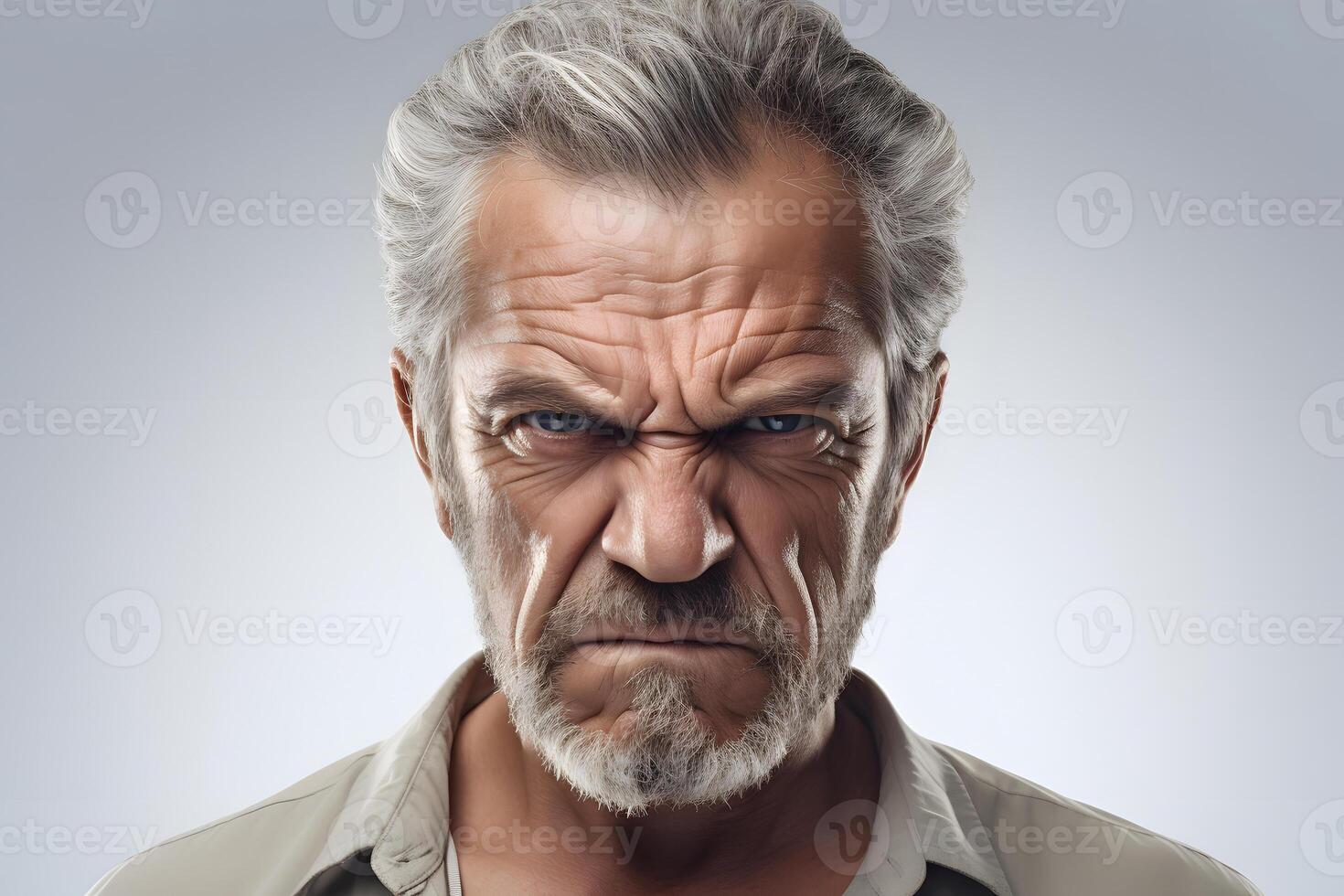 AI generated Angry mature Caucasian man, head and shoulders portrait on white background. Neural network generated photorealistic image photo