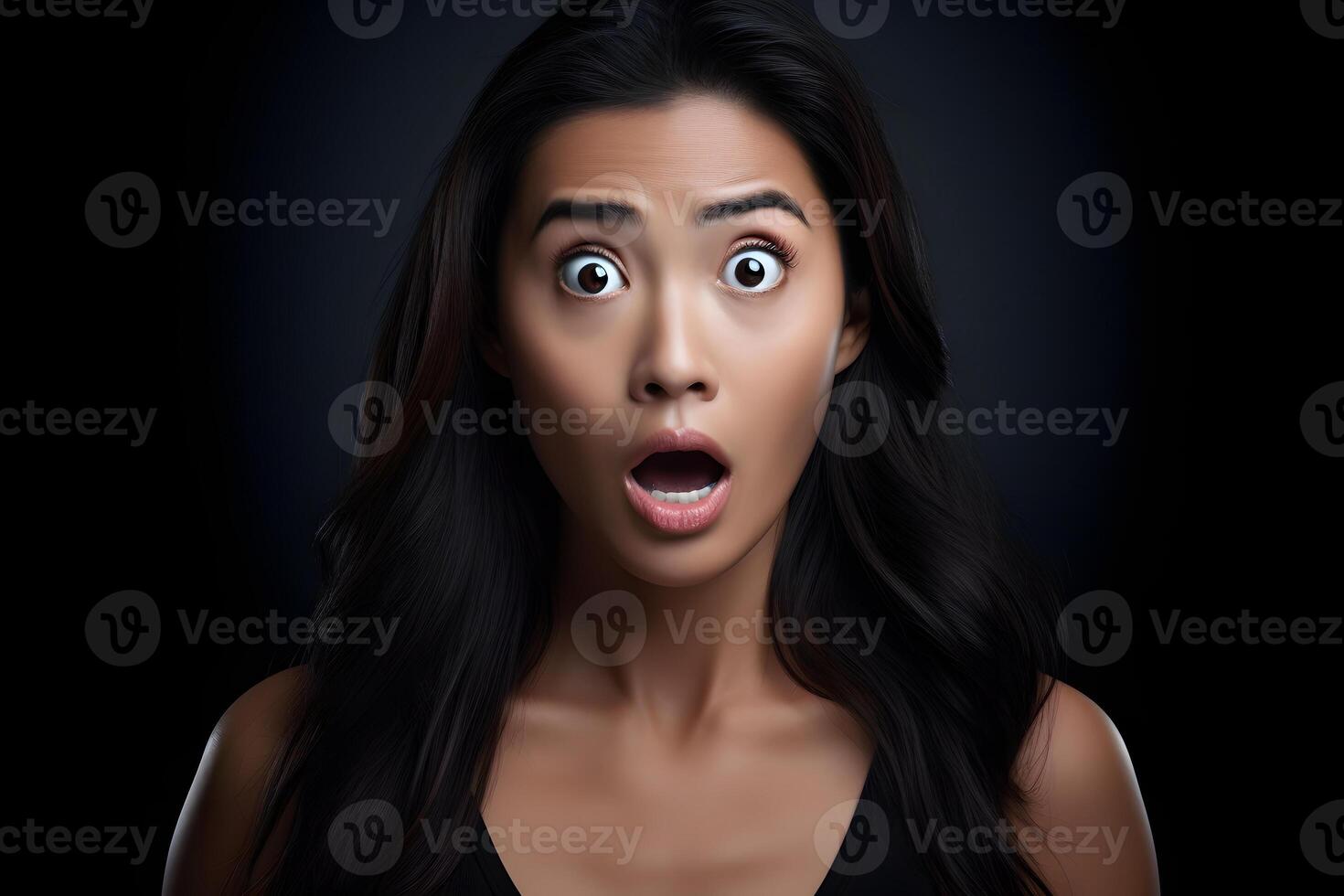 AI generated Surprised Asian young adult woman on black background. Neural network generated photorealistic image. photo