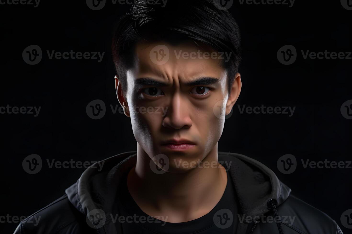 AI generated serious young adult Asian man, head and shoulders portrait on black background. Neural network generated photorealistic image photo