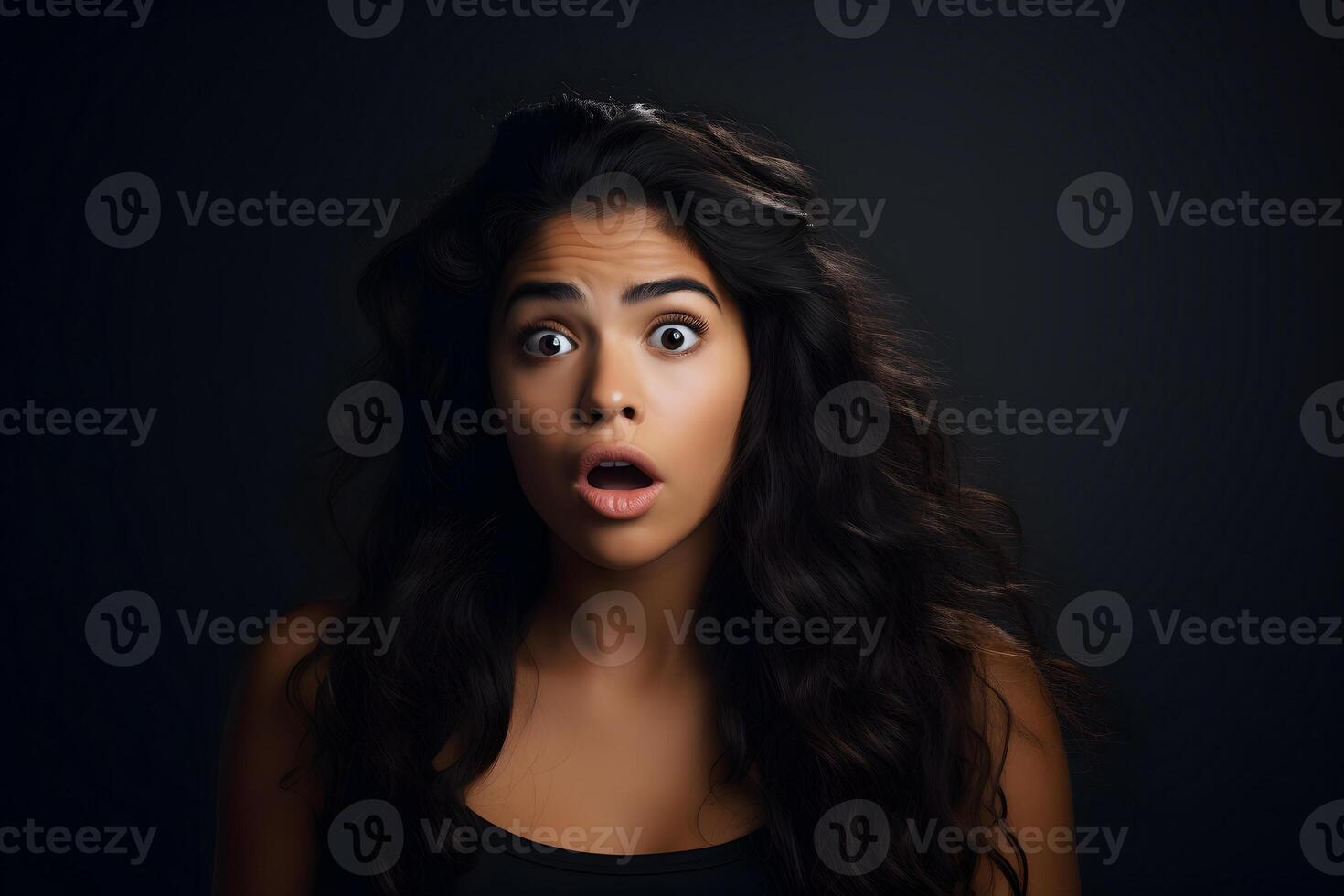 AI generated Surprised Hispanic young adult woman on black background. Neural network generated photorealistic image. photo