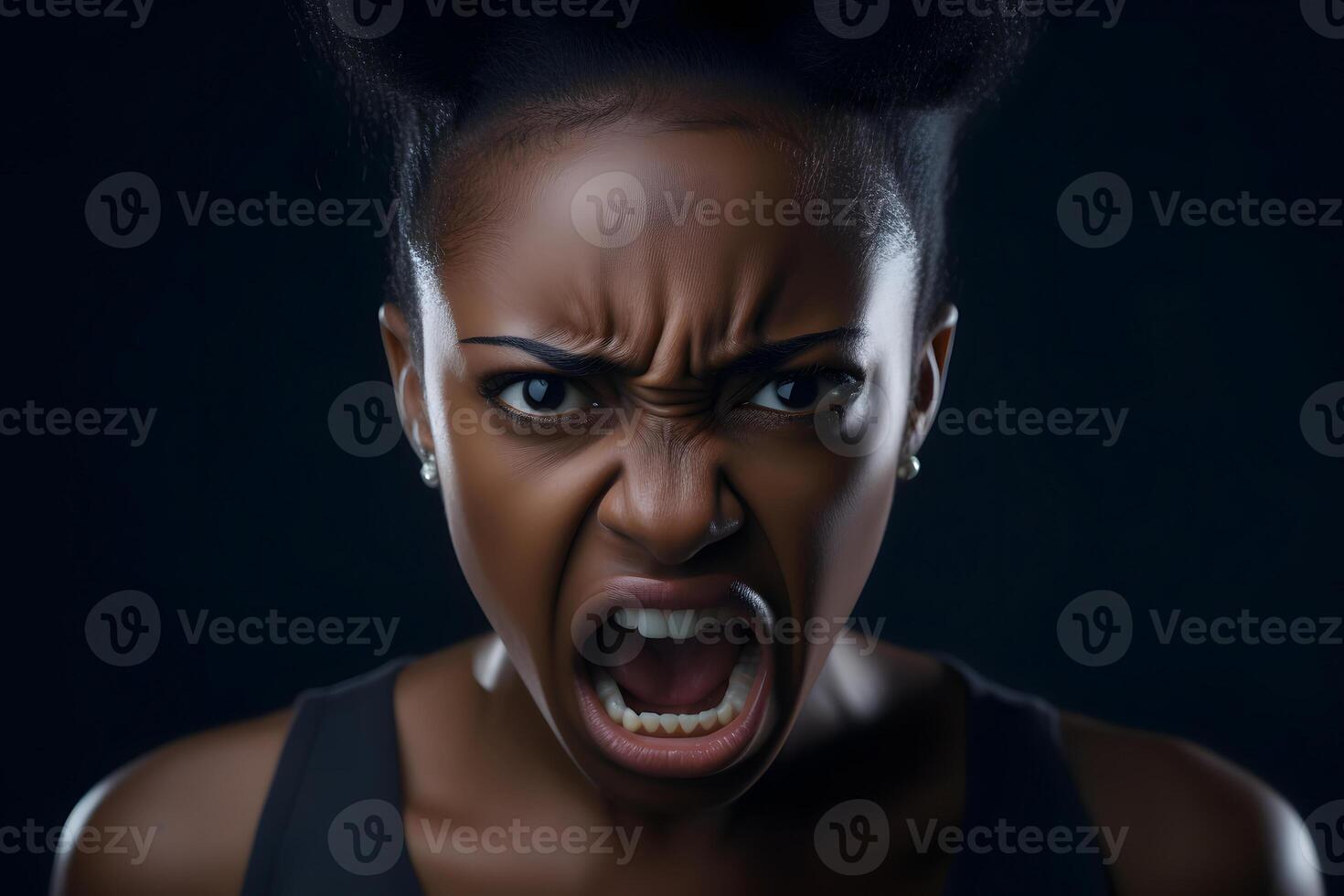 AI generated Angry young adult African American woman yelling, head and shoulders portrait on black background. Neural network generated photorealistic image. photo