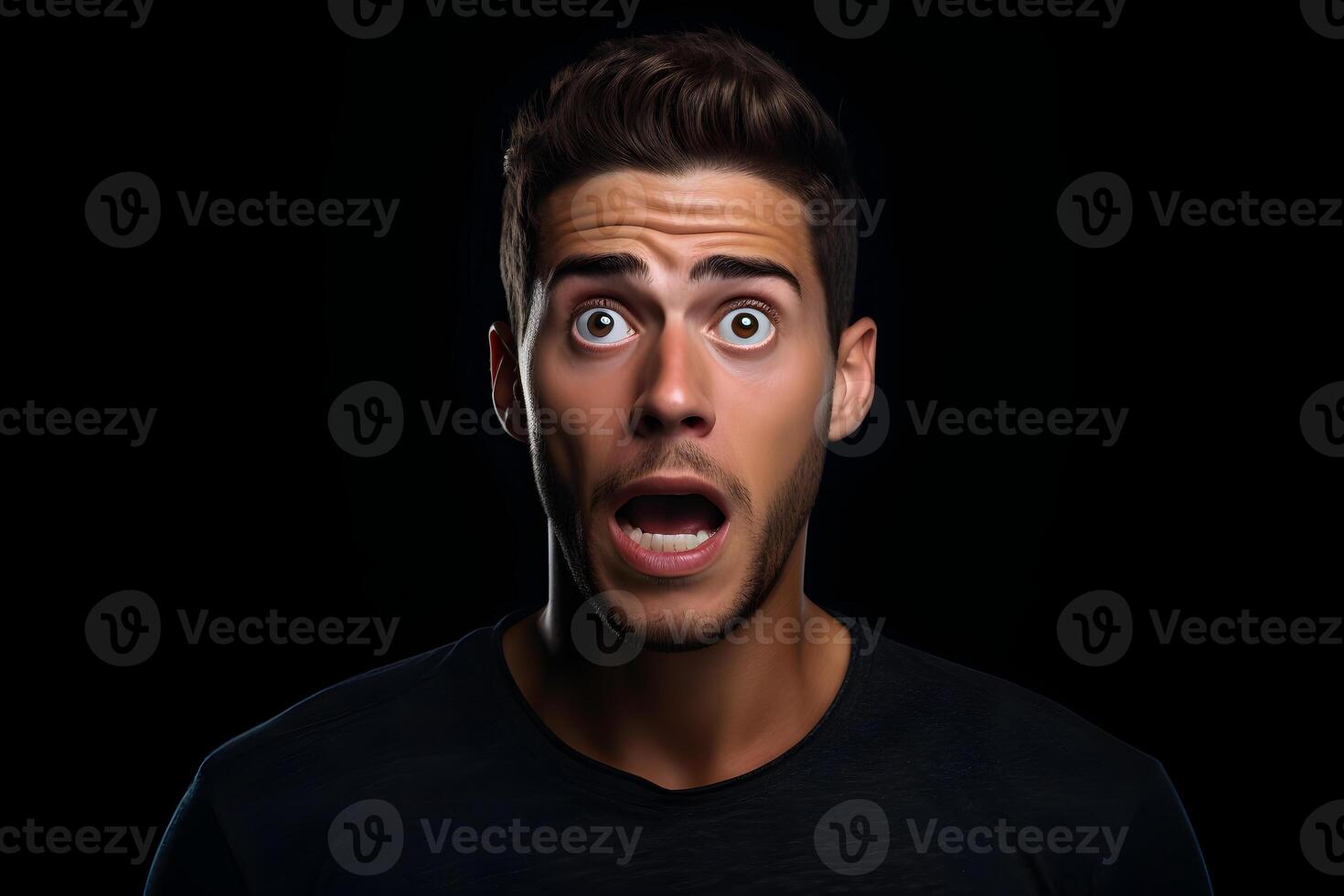 AI generated Surprised young adult Caucasian man on black background. Neural network generated photorealistic image. photo