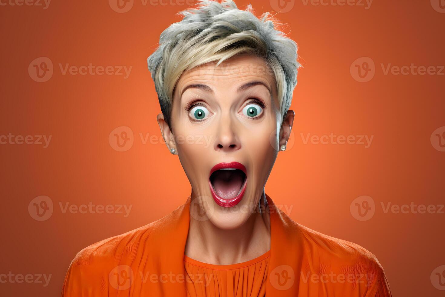 AI generated Surprised gray-haired Caucasian woman on orange background. Neural network generated photorealistic image. photo